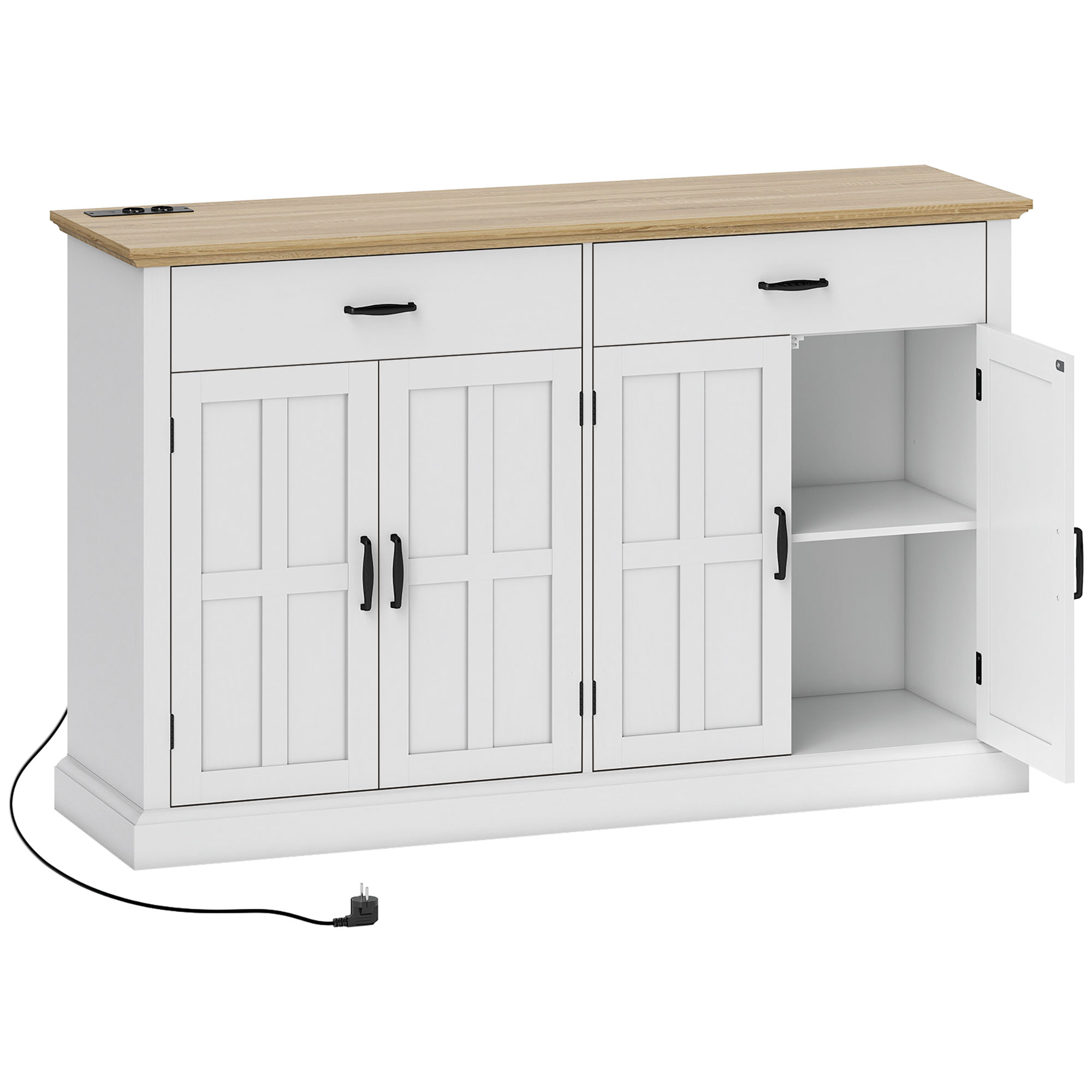 HOMCOM Sideboard mit USB-Anschluss und Mehrfachsteckdose, Aufbewahrungsmöbel mit 2 Schränken mit Scheunentüren, 2 Schubladen und verstellbaren Regalen, für Ess- und Wohnzimmer, 140 x 40 x 91,5 cm, weiß Aosom