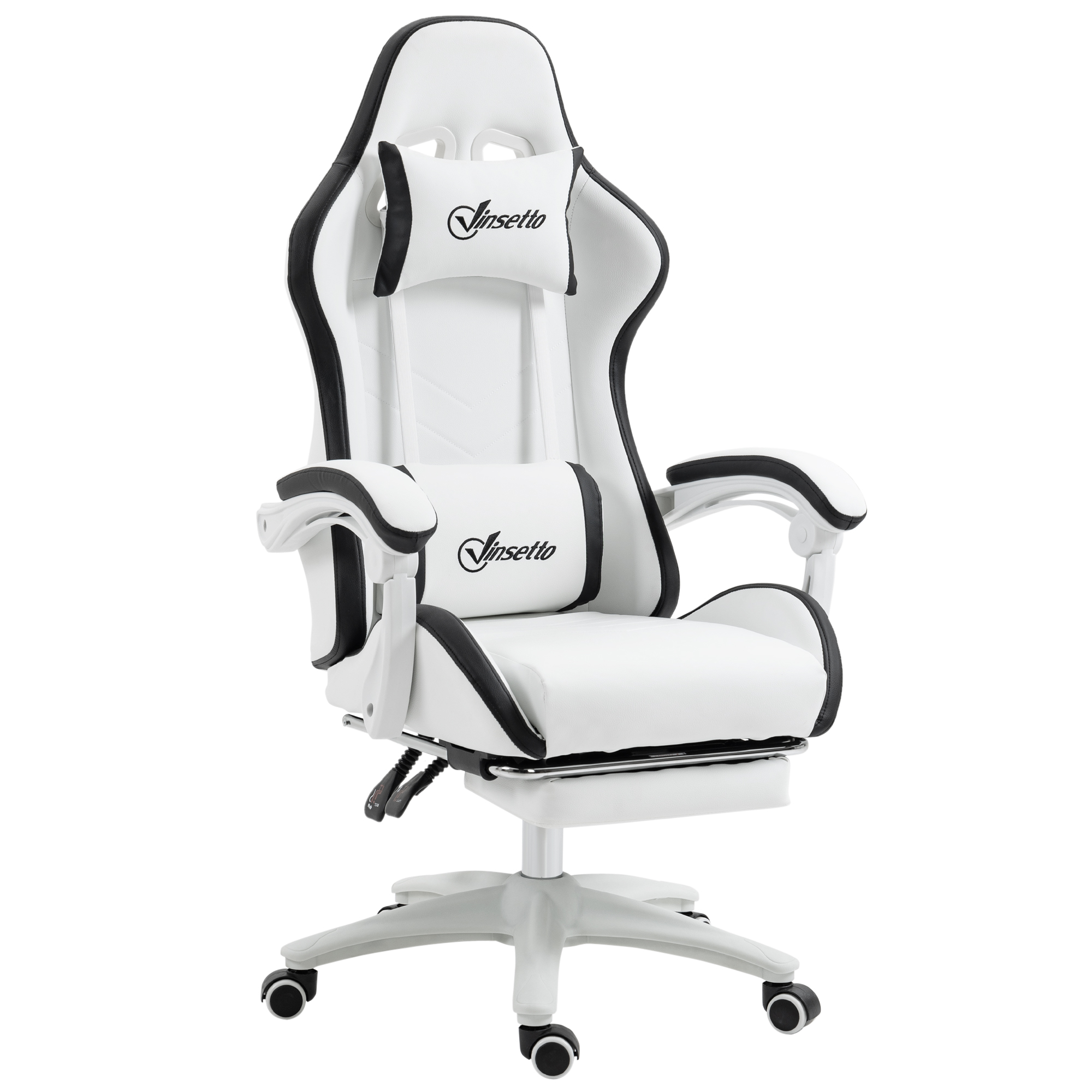 Vinsetto Ergonomischer Gaming-Stuhl aus PU-Kunstleder und Stahl mit Kopfstütze und Höhenverstellung, Gaming-Sessel mit neigbarer Rückenlehne und Lendenkissen, 65x65x121-129 cm, Weiß und Schwarz Aosom