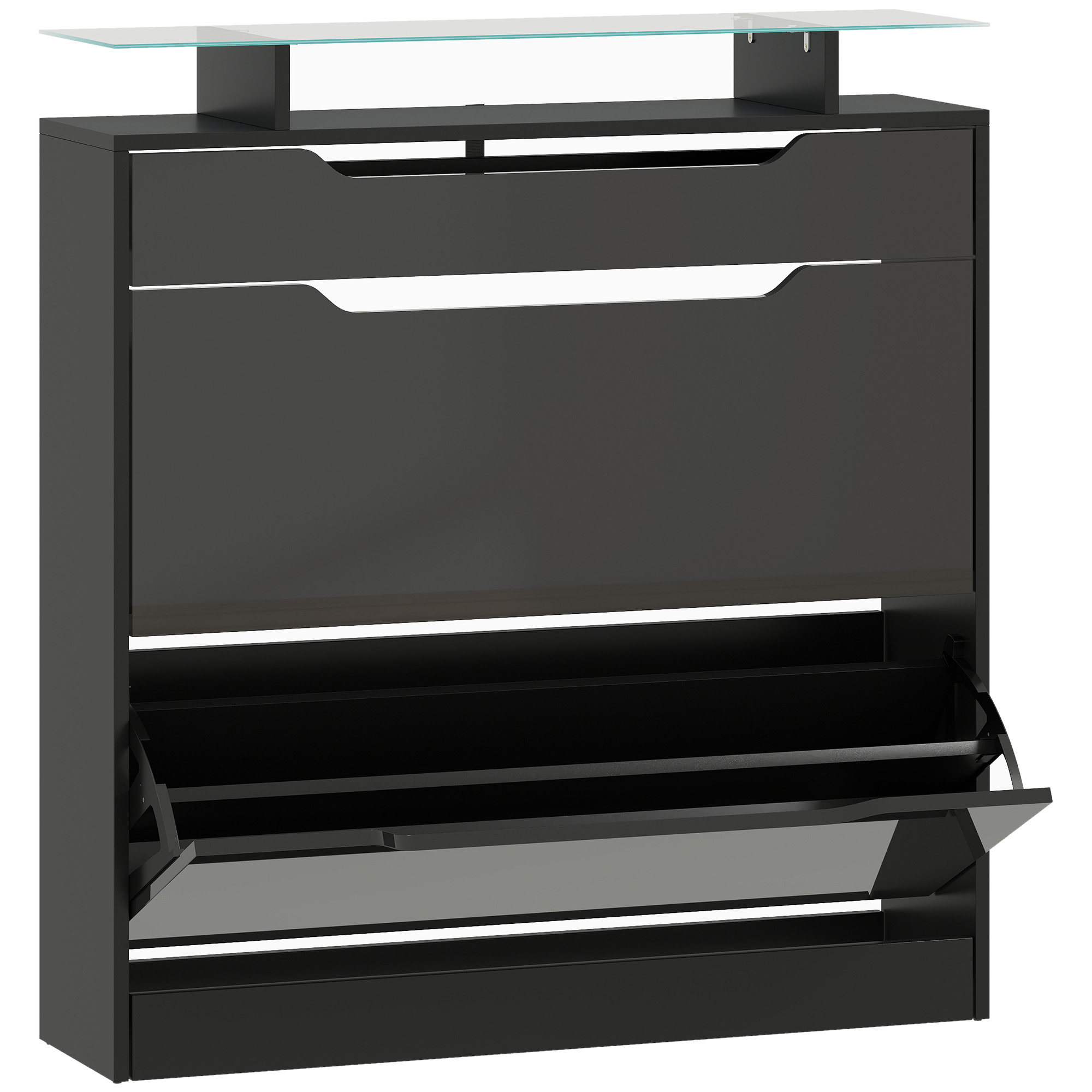 HOMCOM Schuhschrank mit 2 Klapptüren + 1 Ausziehschublade + 1 Ablage und 1 Glasplatte, Regal verstellbar in 2 Stufen, 89 x 23 x 96 cm, Schwarz Aosom