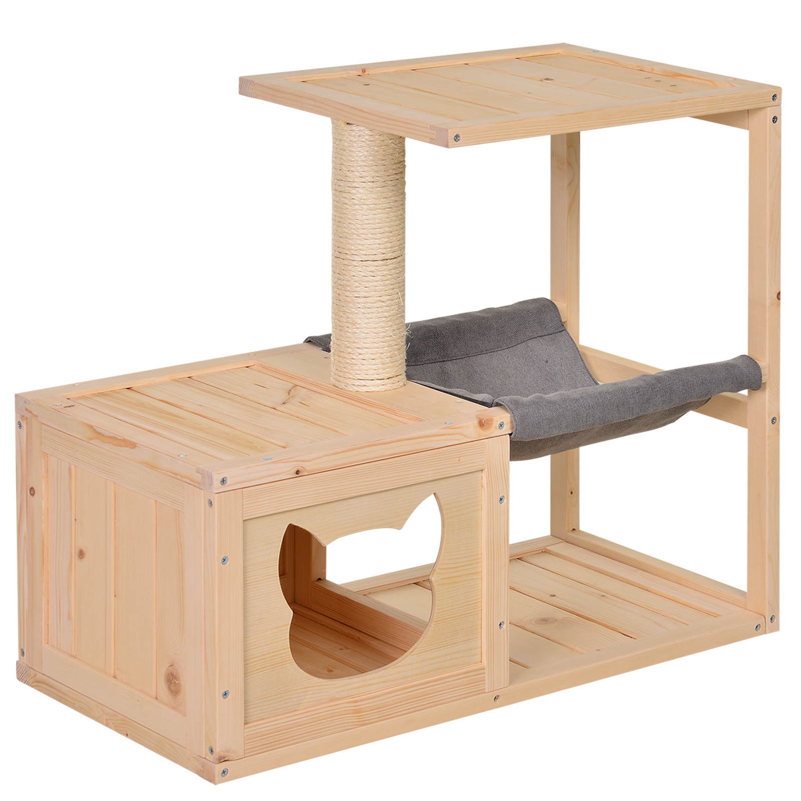 PawHut Caverna para Gatos, Cama para Gatos com Rede, Poste de Sisal, Plataforma Casa para Gatos em Madeira Arranhador para Gatos para Interior 70 x 35 x 60 cm Natural