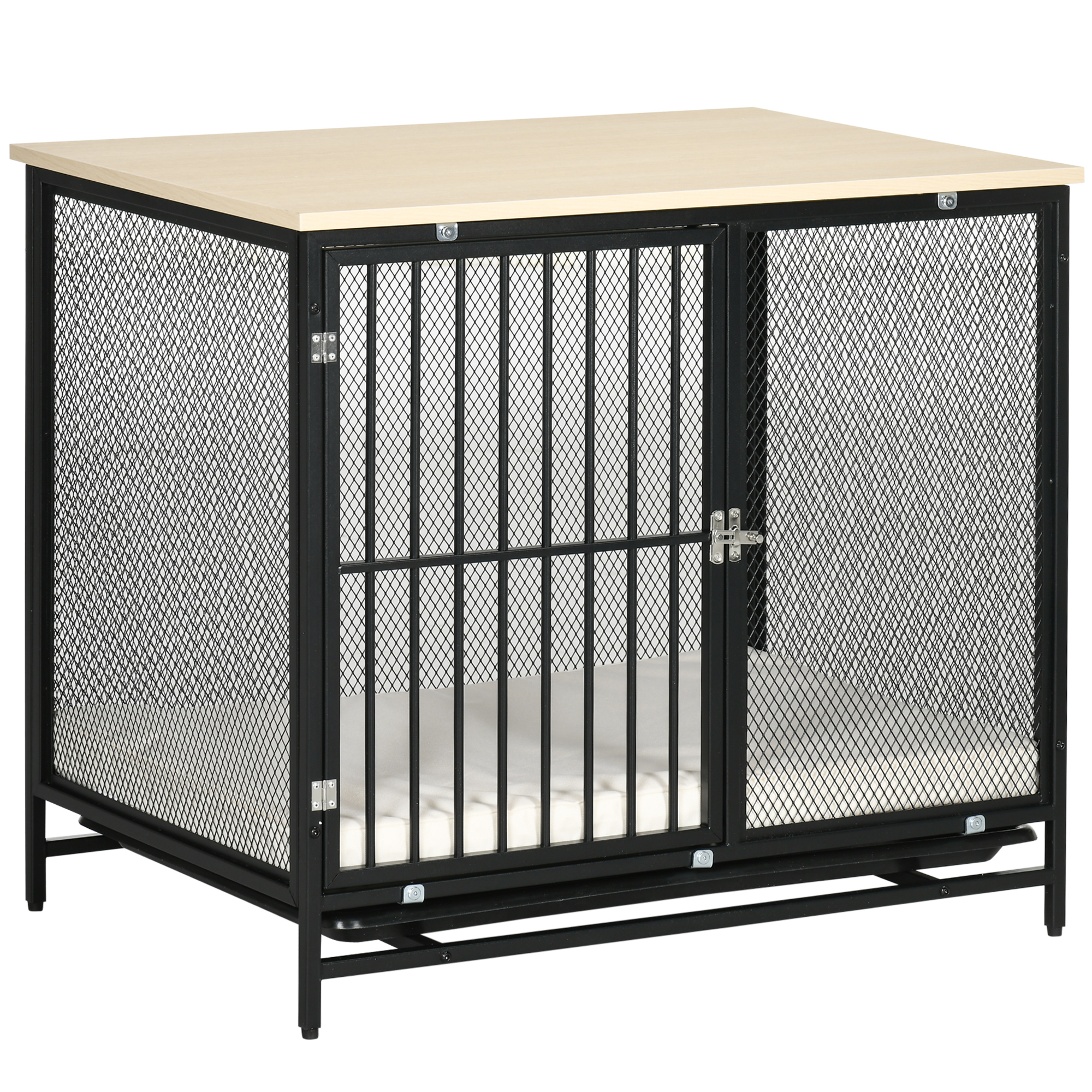 PawHut Gaiola para cães, Caixa para cães, almofada resistente à água, bandeja de fundo removível, com trava, Preto, 80 x 55 x 71 cm