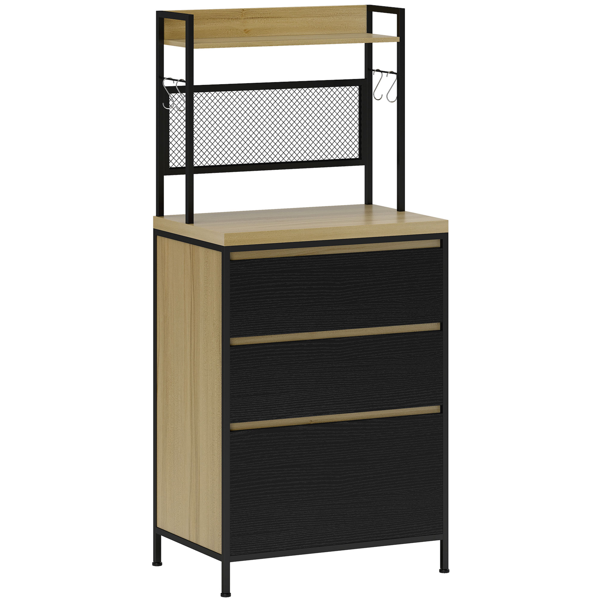 HOMCOM Küchenbuffet Küchenschrank Aufbewahrungsmöbel im Industrie-Design mit 3 Schubladen, Arbeitsplatte, Regal und 4 Haken, Mikrowellenmöbel für Esszimmer, Wohnzimmer, 60x40x132cm, Naturholz Aosom