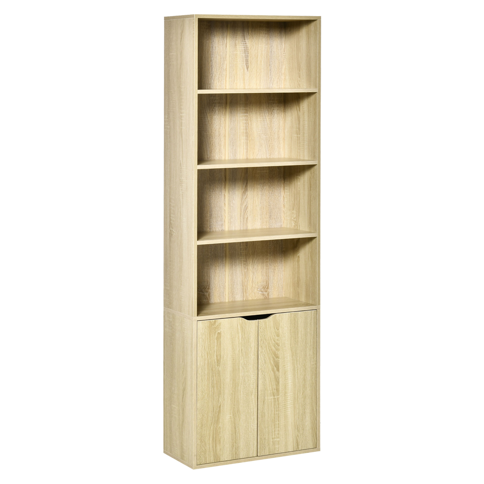 HOMCOM 6-stufiges Bücherregal, Aufbewahrungsmöbel, Bücherregal 59 x 29 x 180 cm mit 4 offenen Fächern und 2 Türen, Aufbewahrungsregal für Wohnzimmer, Schlafzimmer, Büro, Naturholz Aosom
