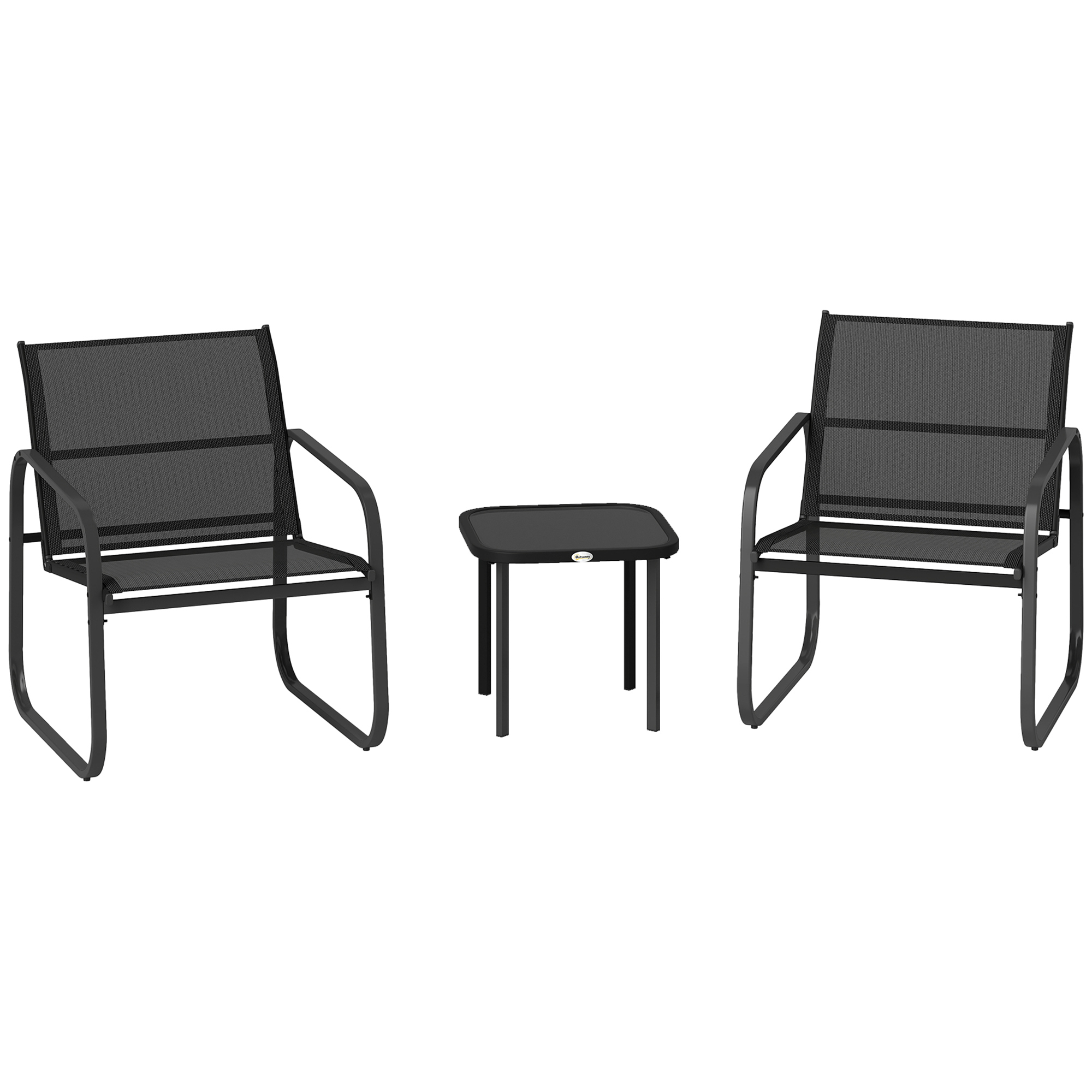 Outsunny 3-teiliges Bistro-Garten-Set, 2-Personen Gartenlounge mit 2 Textilene-Stühlen und Niedrigtisch mit Einscheibensicherheitsglas, für Terrasse, Balkon, Veranda, schwarz Aosom