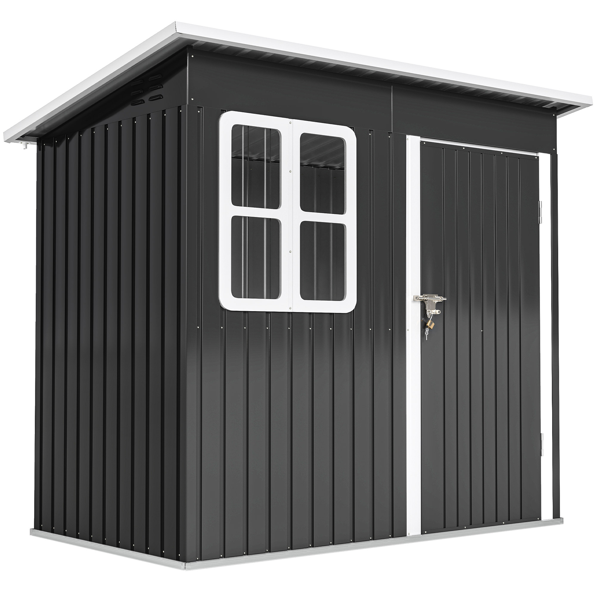 Outsunny Gerätehaus 2,55m², Gartenhaus mit Pultdach, 221 x 133 x 190/173 cm, Geräteschuppen mit Abschließbar Tür, Fenster, Fahrradgarage, Gartenschrank aus Stahl, für Hinterhof, Garten, Dunkelgrau Aosom