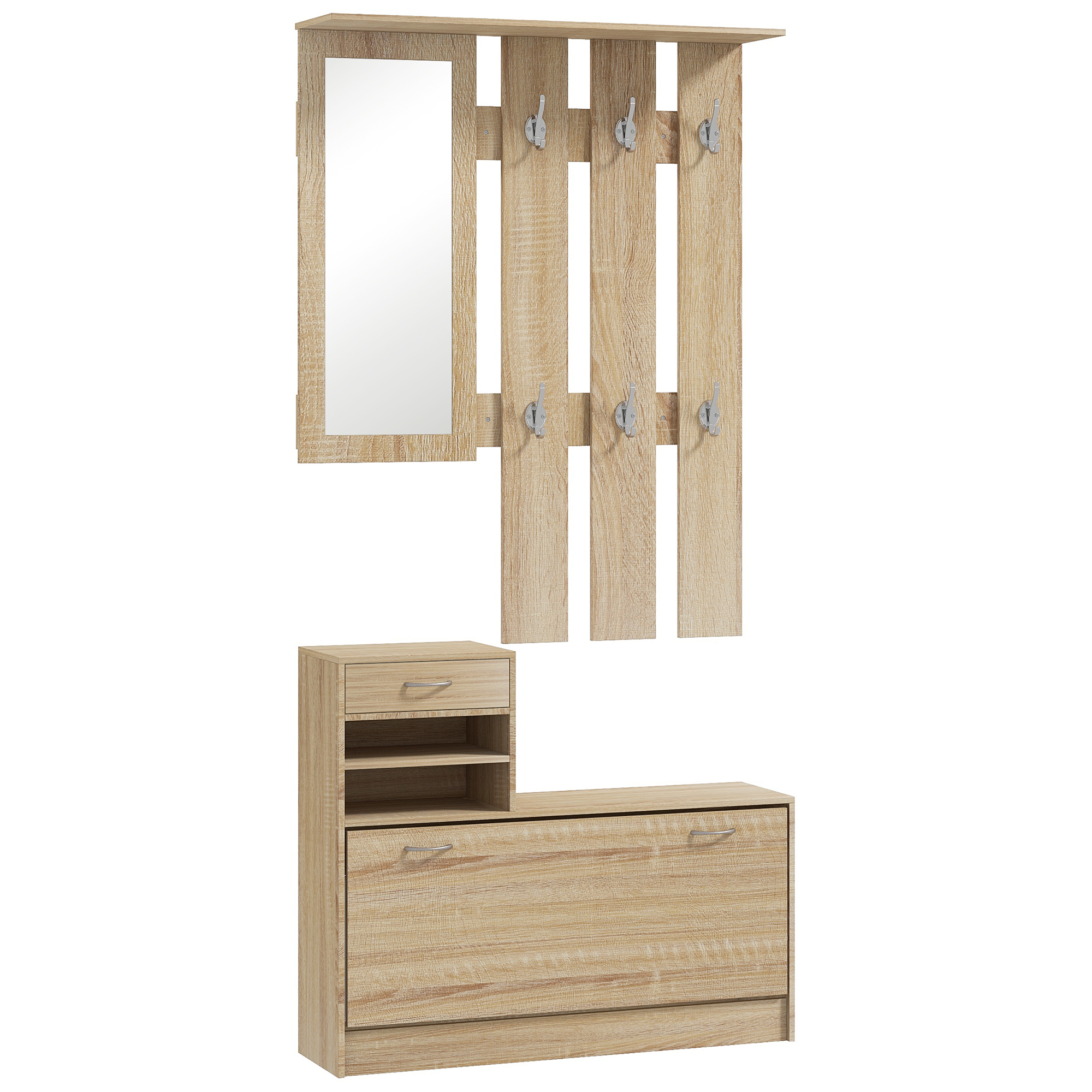 HOMCOM Modernes Flurmöbel-Set mit Schuhschrank und Spiegel, Garderobe für den Eingangsbereich mit 6 Haken, 2 verstellbaren Ablagen und Schubladen, Holz, Eiche Aosom