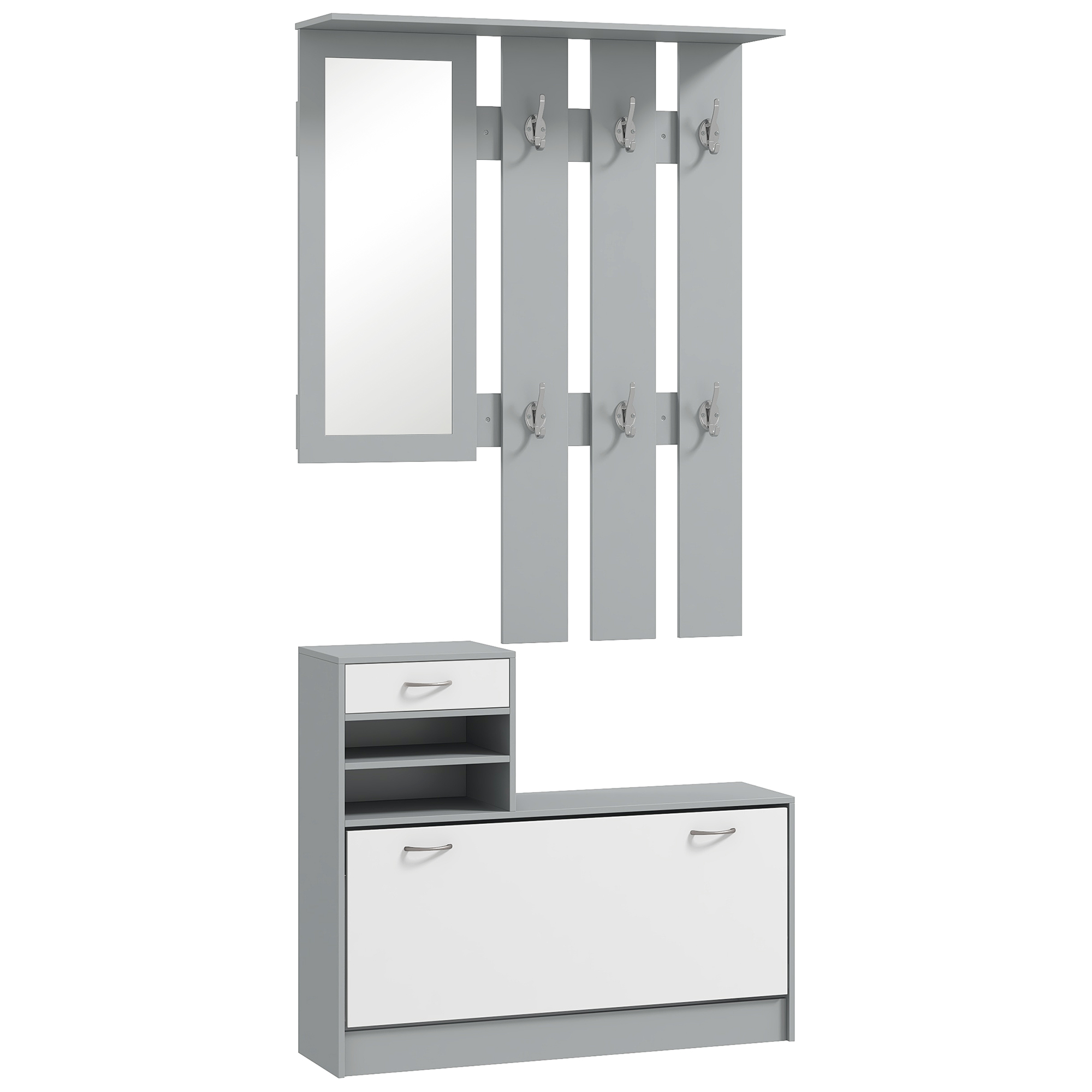 HOMCOM Modernes Flurmöbel-Set mit Schuhschrank und Spiegel, Garderobe mit 6 Haken, 2 verstellbaren Ablagen und Schubladen aus Holz für Flur, 90x10x91 cm, Weiß und Dunkelgrau Aosom