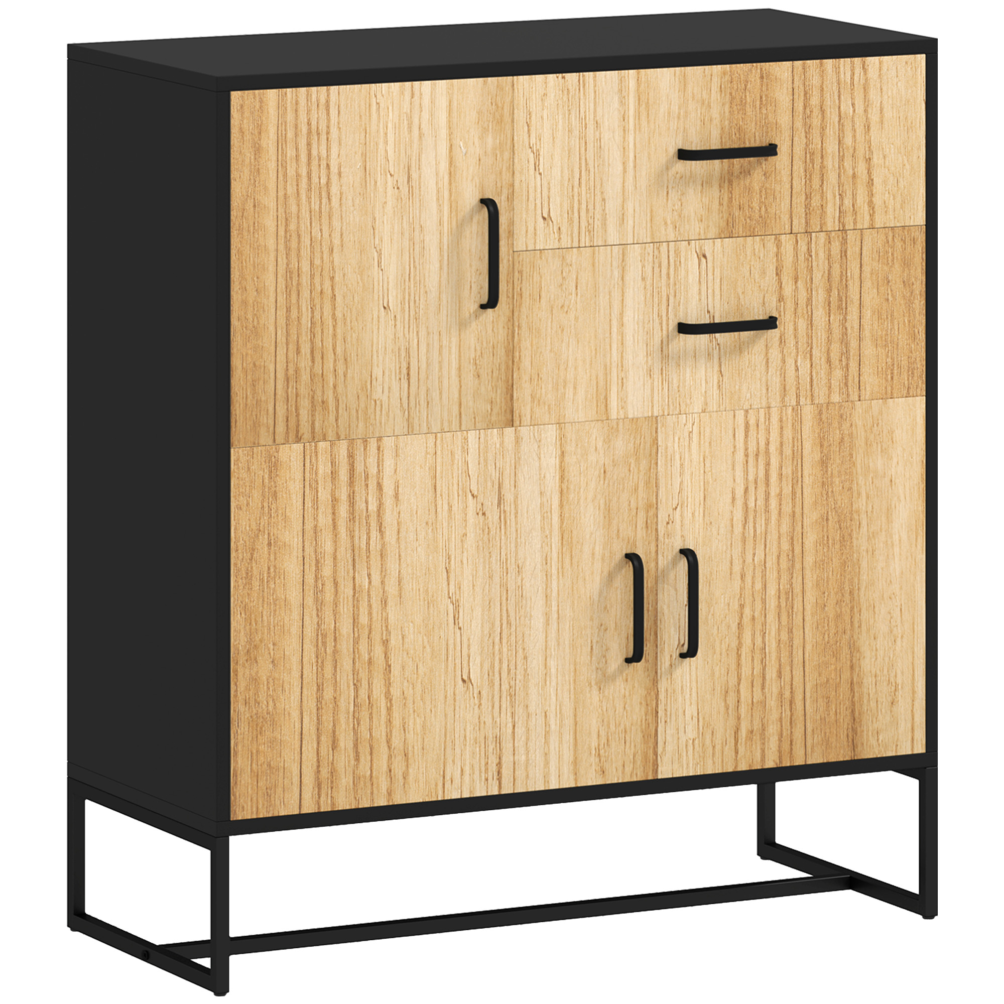 HOMCOM Moderne Kommode Aufbewahrungsschrank mit 3 Schränken und 2 Schubladen, Mehrzweckschrank aus Spanplatte und Stahl, 80x35x85 cm, Schwarz und Holzoptik Aosom