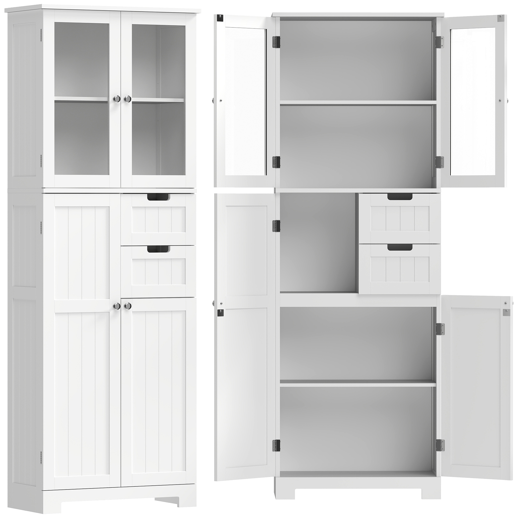 HOMCOM Hochschrank für Badezimmer, Aufbewahrungsschrank, Badschrank mit 4 Türen (davon 2 mit Glas), 2 Schubladen und verstellbaren Regalen, moderner Stil, für Wohn- und Schlafzimmer, 60x30x170 cm, Weiß Aosom
