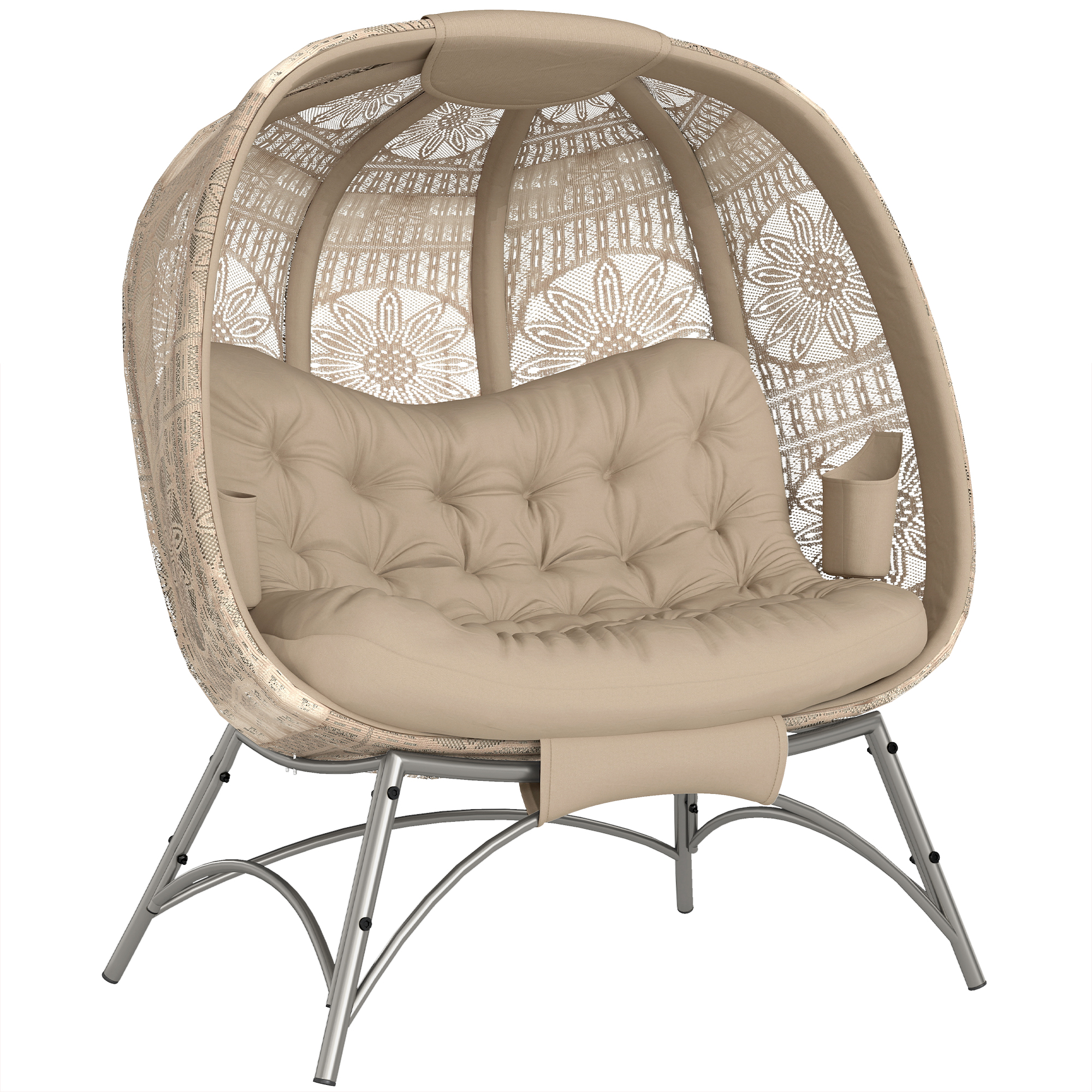 Outsunny tuinstoel 2 zits, comfortabele rieten stoel met opvouwbare mand, weerbestendig, inclusief kussens, 120 x 70 x 80 cm, grijs | Aosom.nl