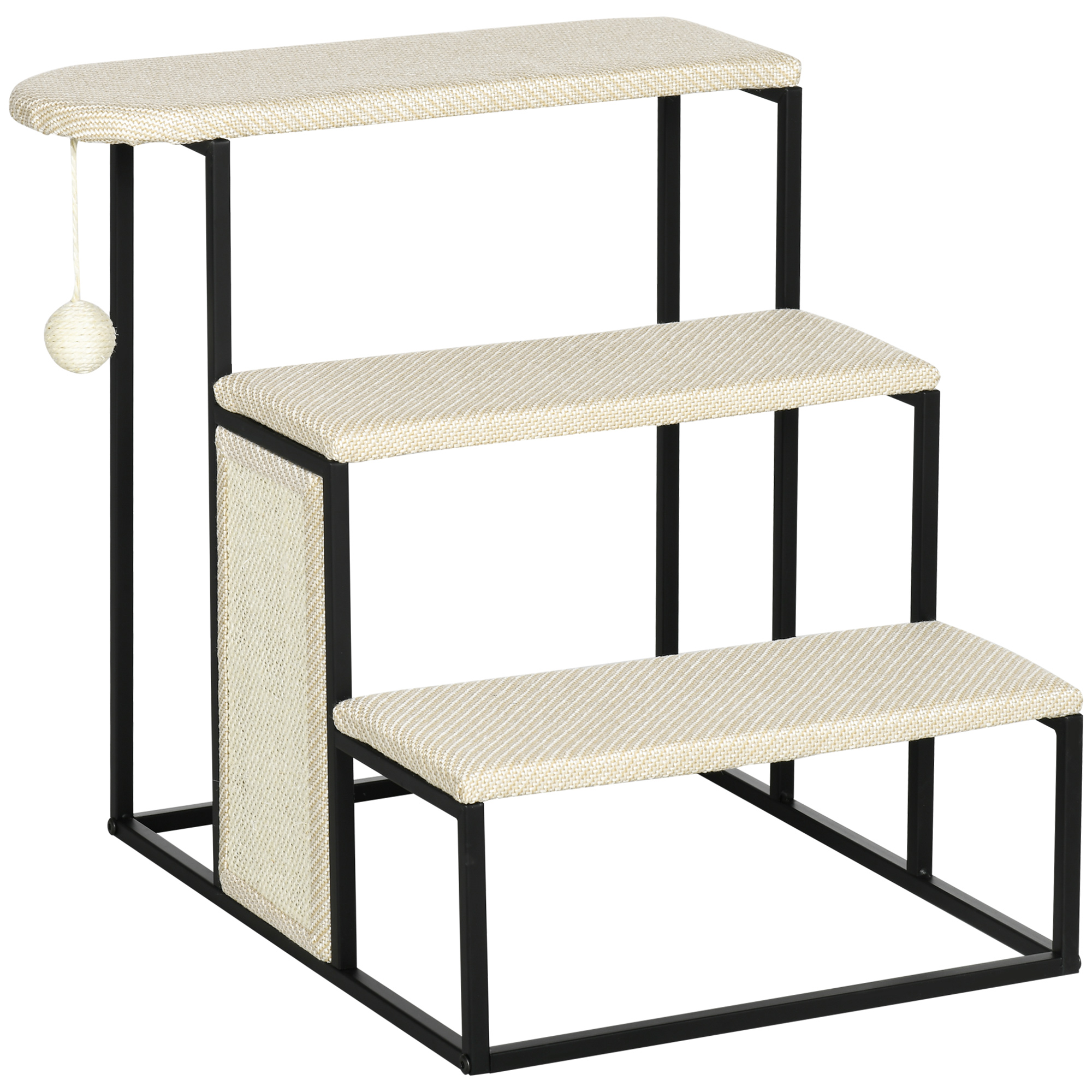 PawHut Escada para Gatos, com arranhador, 3 degraus, bolinha de brincar, robusta, Aço+Sisal, creme branco+preto, 51 x 54 x 53cm