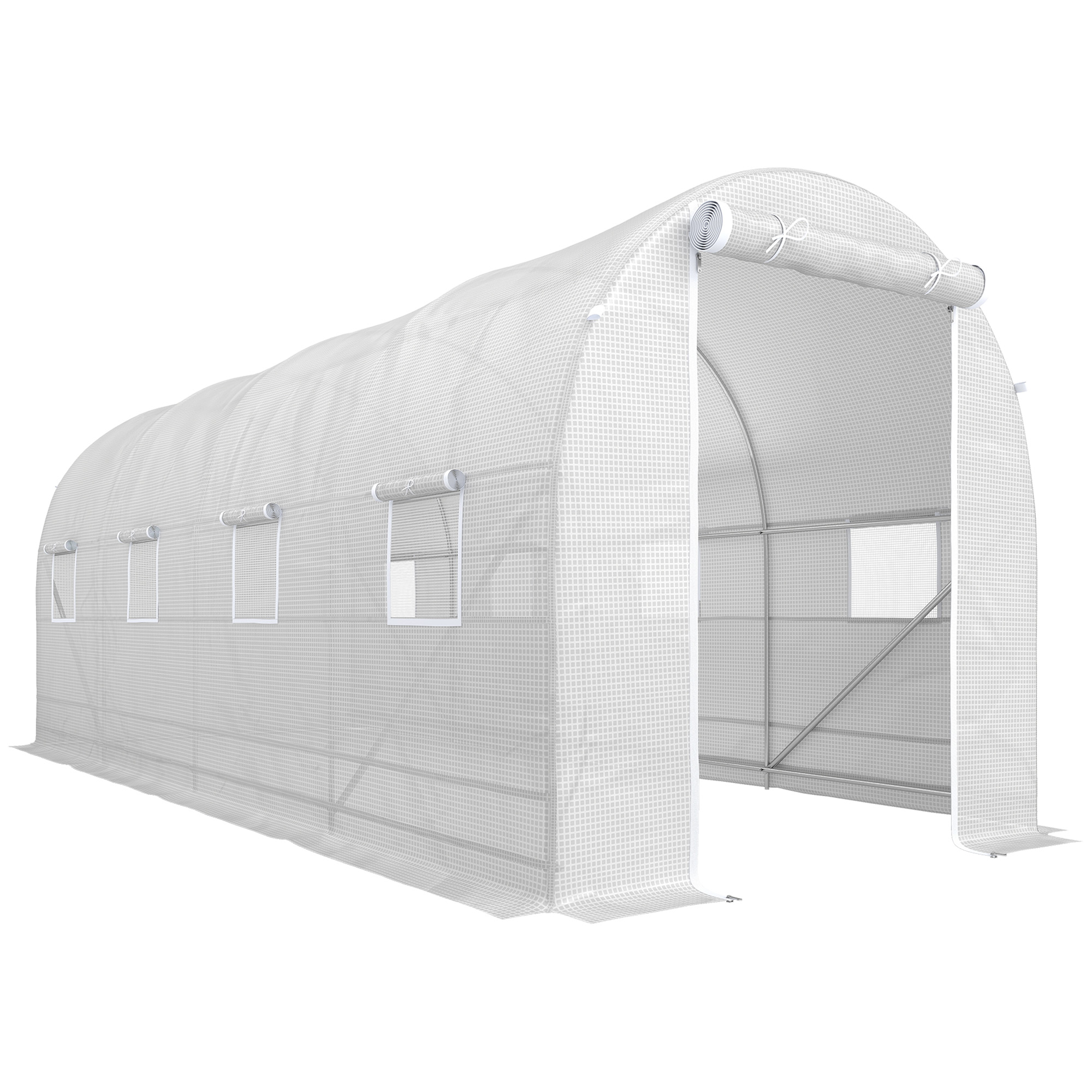 Outsunny Tunnelgewächshaus 5x2x2 m mit aufrollbaren Türen und Fenstern, Gewächshaus für Gemüsebeet mit 5 diagonalen Verstrebungen, Metallrahmen und PE-Abdeckung, für Gemüse, Obst, Blumen, Weiß Aosom