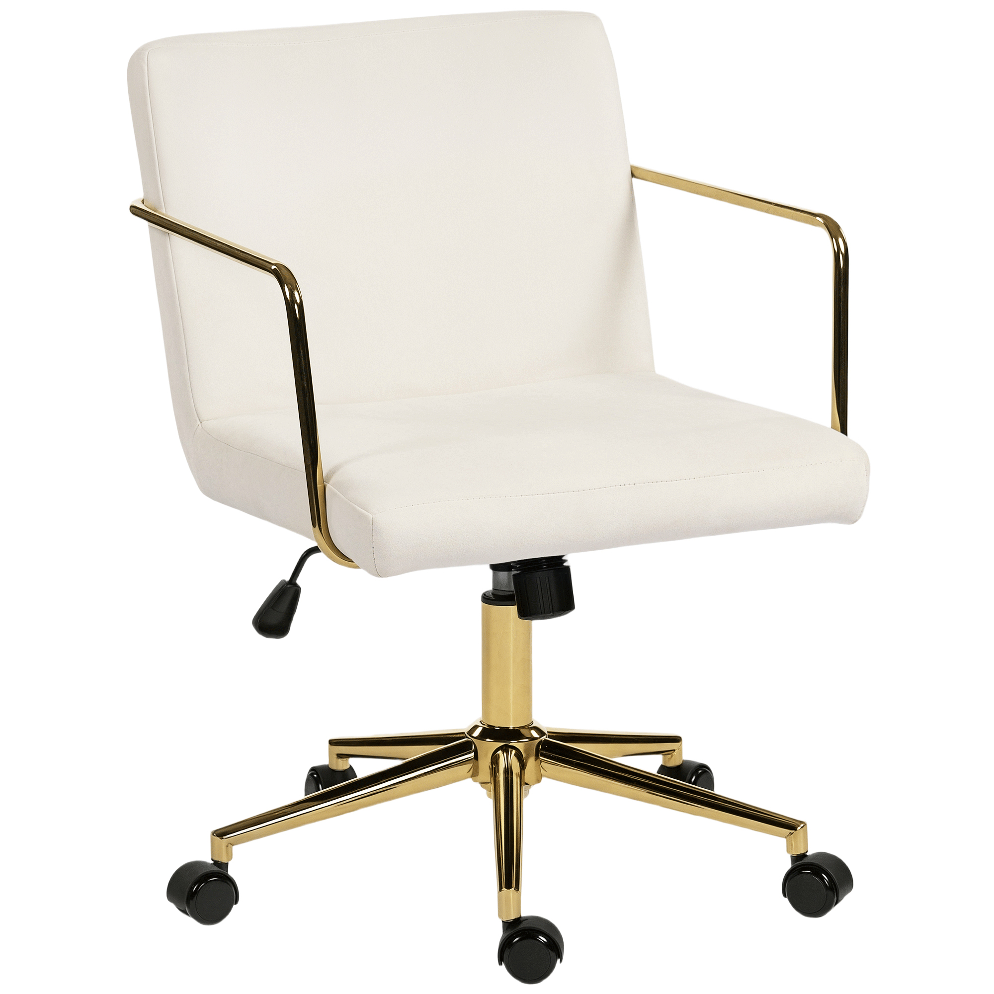 HOMCOM Cadeira de escritório com rodas e detalhes dourados, cadeira de computador com base metálica, revestimento em tecido com efeito veludo, creme branco