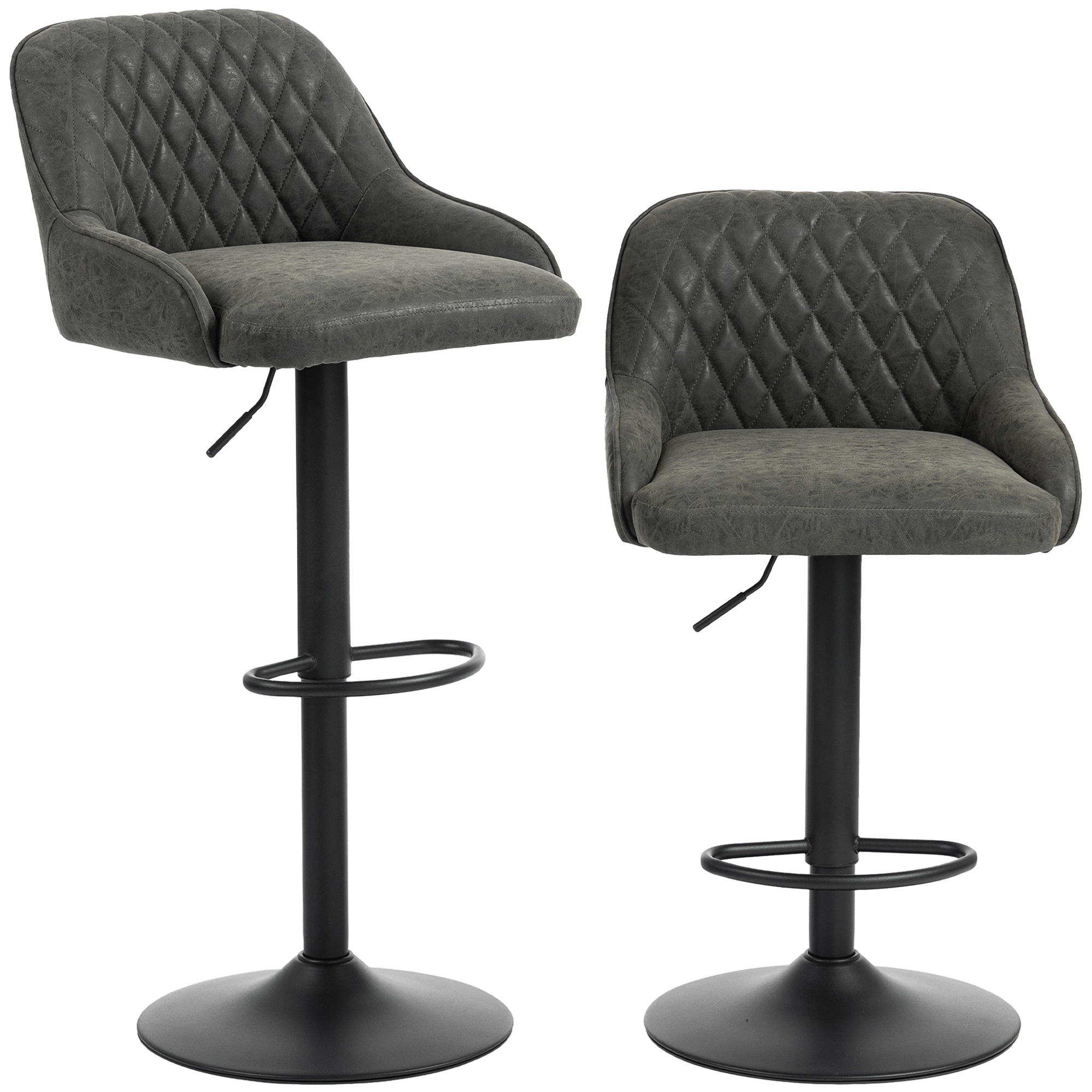 HOMCOM Bar Stools Adjustable Swivel Kitchen Chairs with Backrest Set of 2 for Kitchen Island Dark Grey
