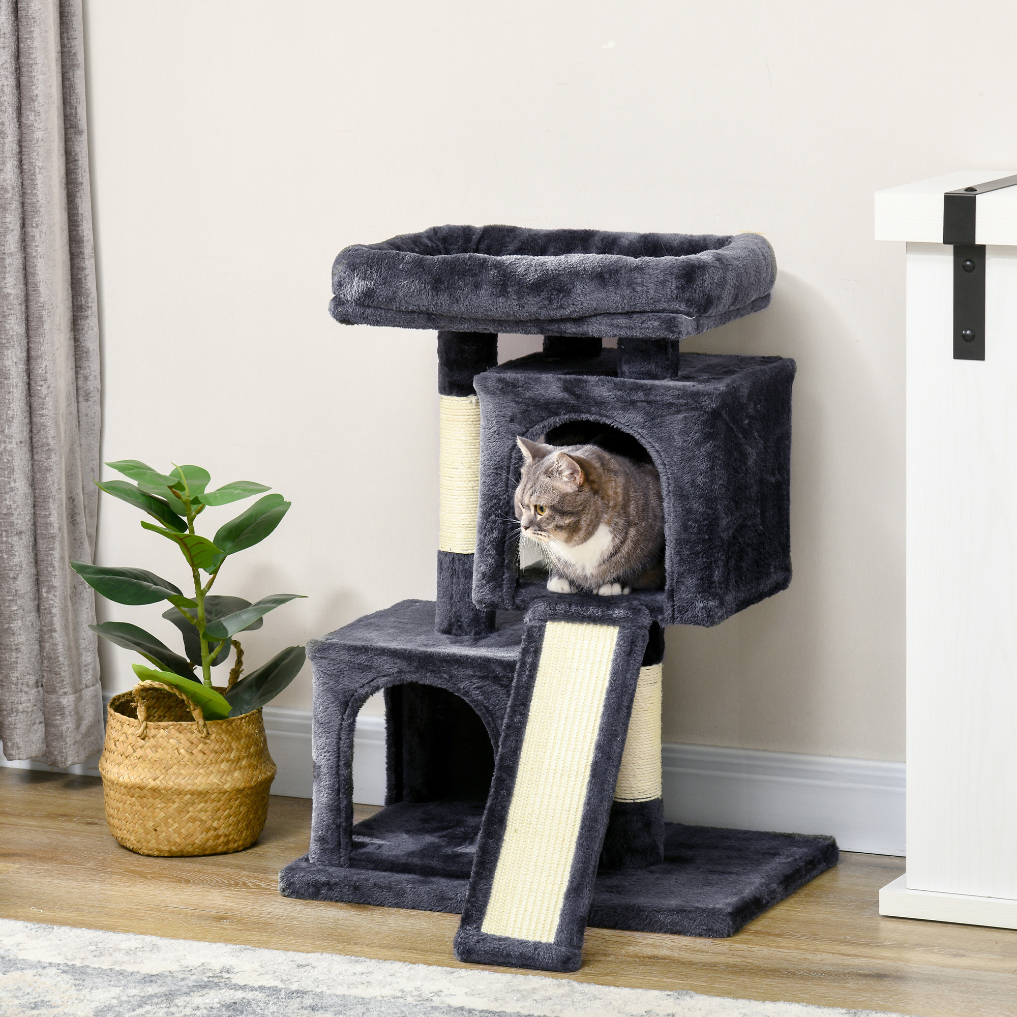 PawHut Sisal Kratzbaum bis 30 kg Katzenbaum mit Sisalsäule Kratzbrett Plüsch dunkelgrau für aktive Katzen   Aosom.de
