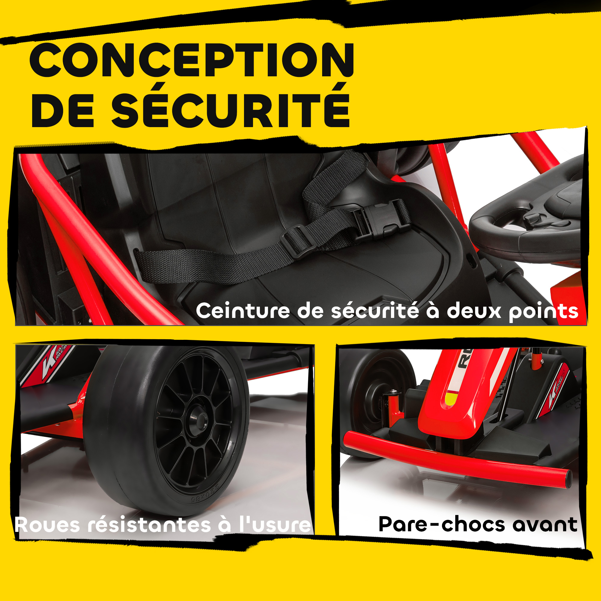 Voiture électrique AIYAPLAY GoKart – 2 Moteurs 24V – Drift Jusqu'à 13 Km/h – Pour Enfants 6-12 Ans – Siège Sécurité – Rouge