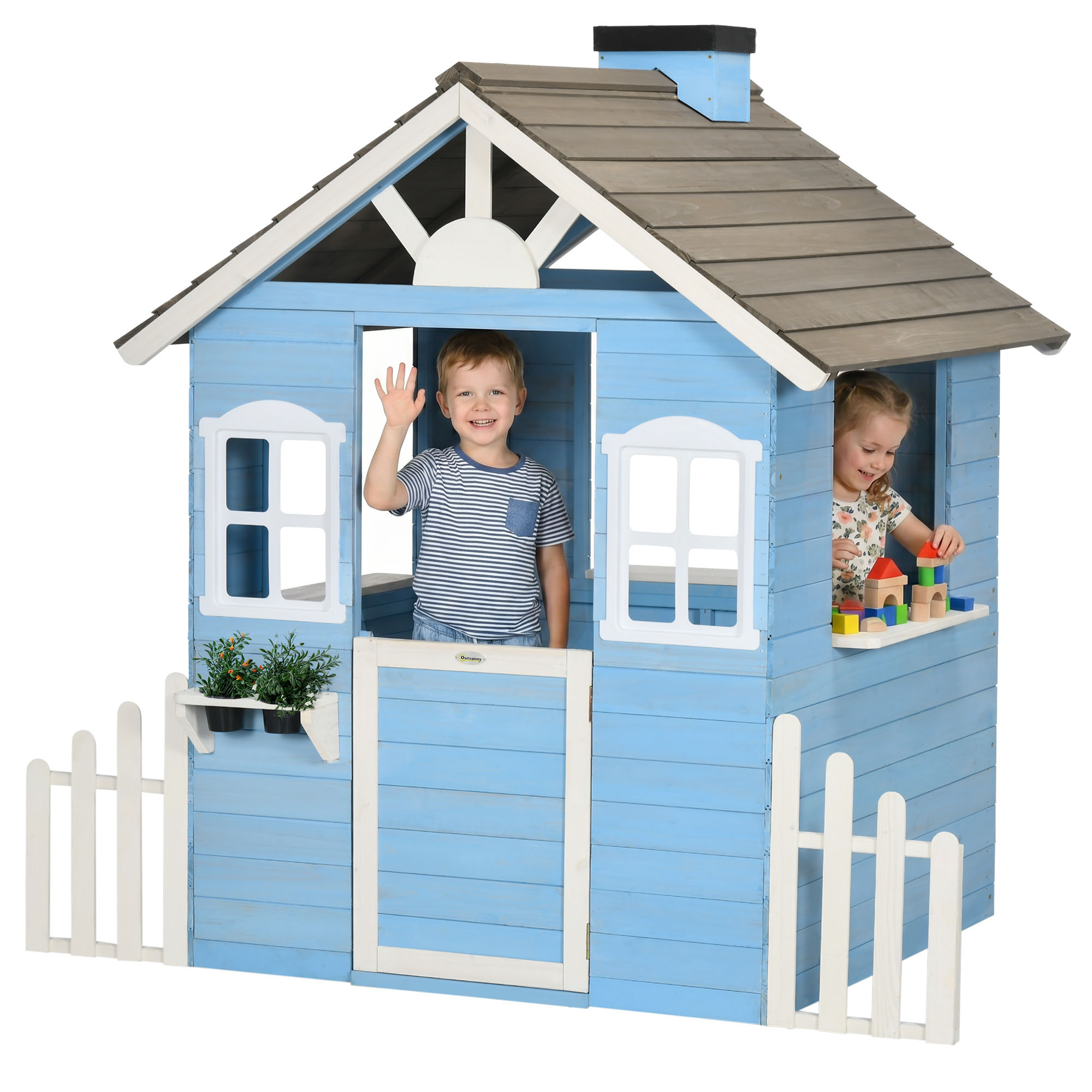 Outsunny Casa De Jardín Infantil De Madera Casa De Juegos Exterior Para Ninos De 3 7 Anos Con Ventanas 2 Jardineras Y 1 Banco 113x94x1345cm 81614960