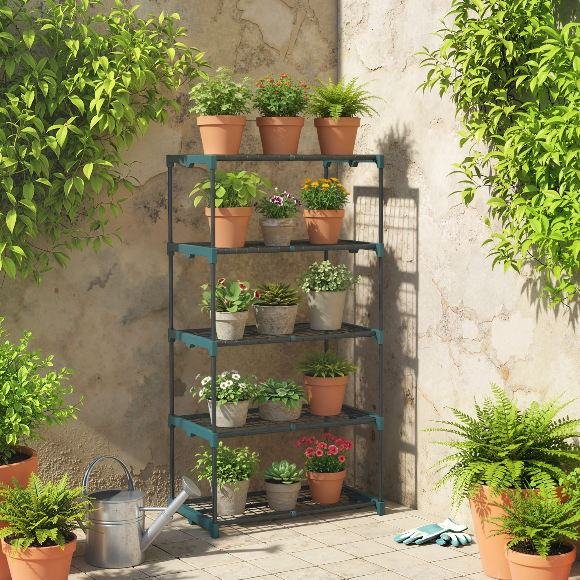 Outsunny 5-Etagen Pflanzenständer, 138 cm hoch Blumenständer für Innen Außen, Pflanzenregal aus Stahl, mehrstöckig Blumenregal, Blumentopfständer für Garten Balkon Deko, Dunkelgrün   Aosom