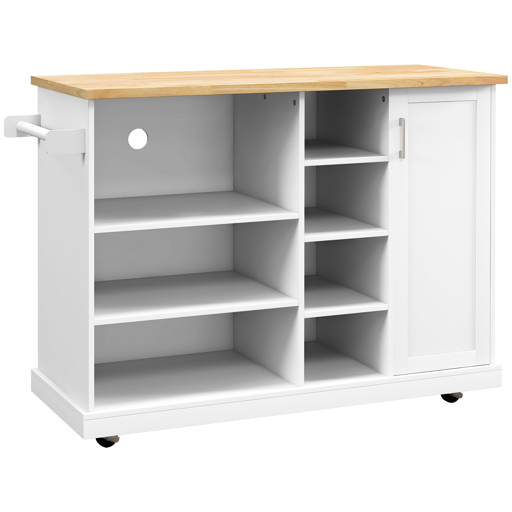 HOMCOM Kücheninselwagen, Küchenwagen mit Rollen, 7 offene Fächer, 1 Schrank 1 Tür, 129 x 51 x 93 cm, Holz und Weiß Aosom