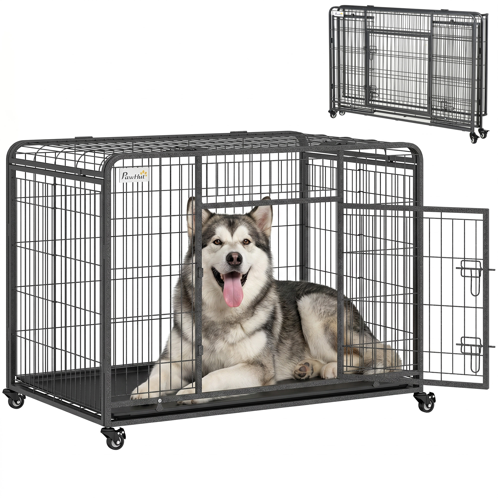 PawHut Cage pour chien pliable cage de transport sur roulettes 2 portes verrouillables plateau amovible dim. 125L x 76l x 81H cm métal gris noir