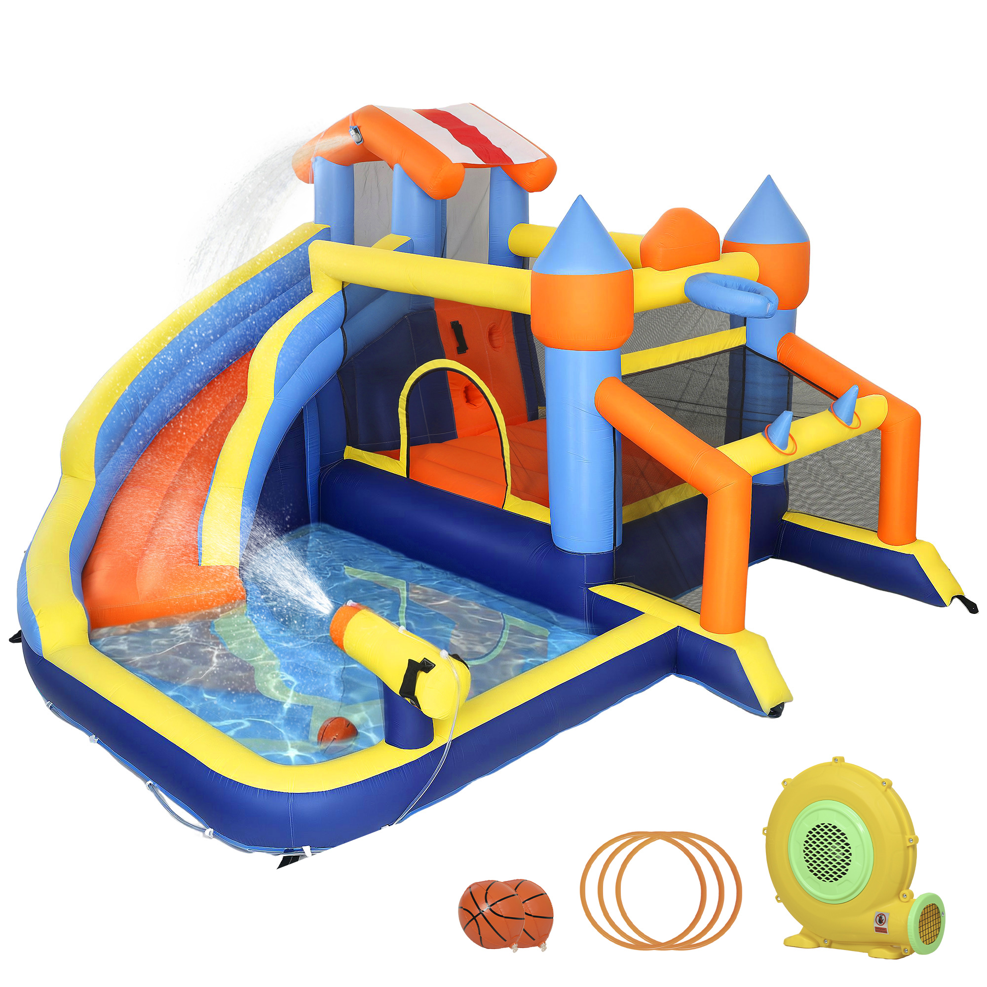 Outsunny Springkasteel met 550W Blower 350x325x210 cm 8-in-1 Waterpark en Ballenbak Oxford Waterglijbaan voor 4 Kinderen met Draagtas | Aosom.nl