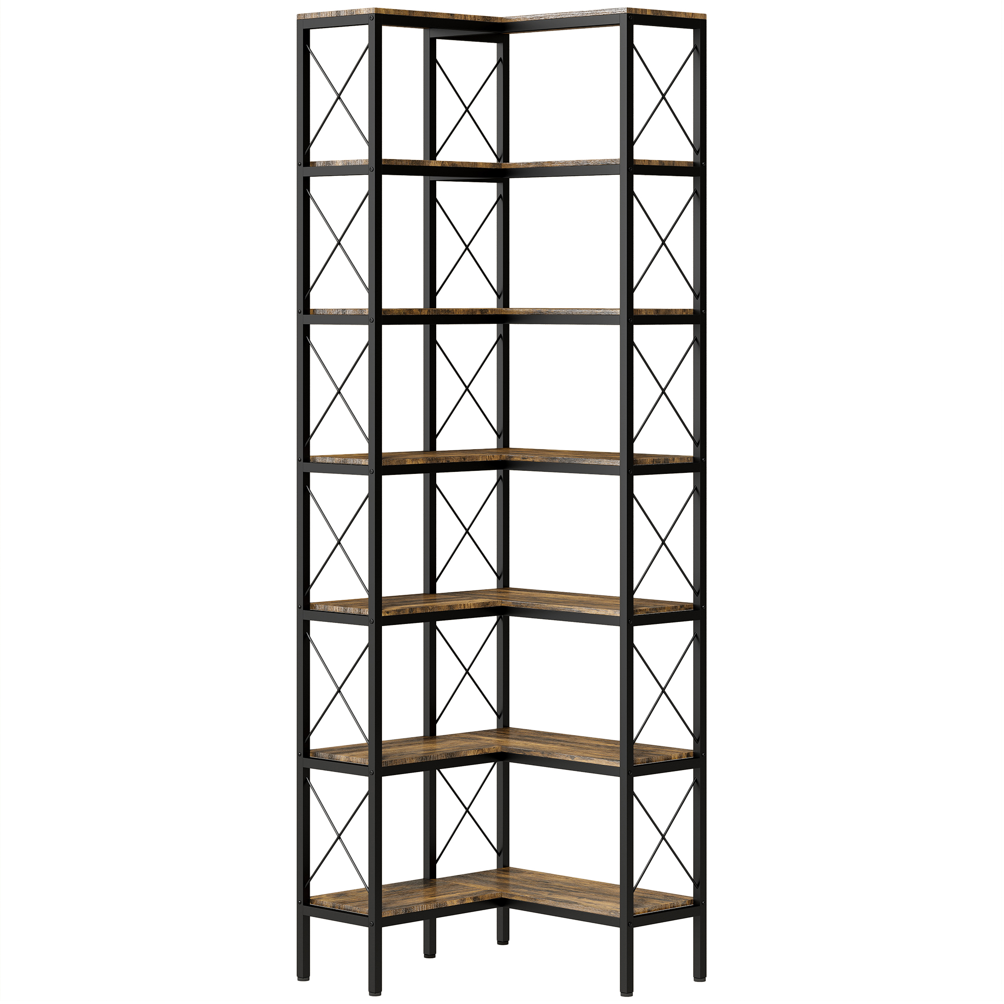 HOMCOM 6-Tier L-Shaped Bookshelf, Freestanding Corner Bookcase with Metal Frame, Rustic Brown