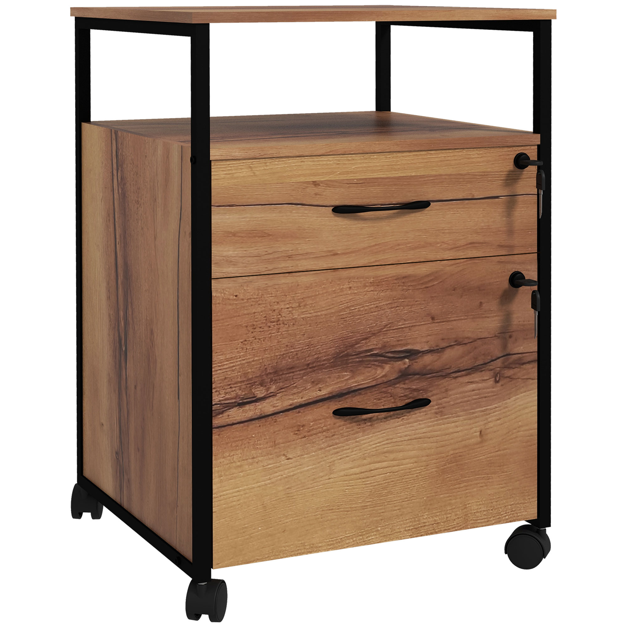 Vinsetto Rollcontainer fürs Büro mit 2 abschließbaren Schubladen, Rollen, Schreibtisch-Container für Letter/A4, Büroschrank für unter den Schreibtisch, 44x40x66.5cm, Rustikales Braun Aosom