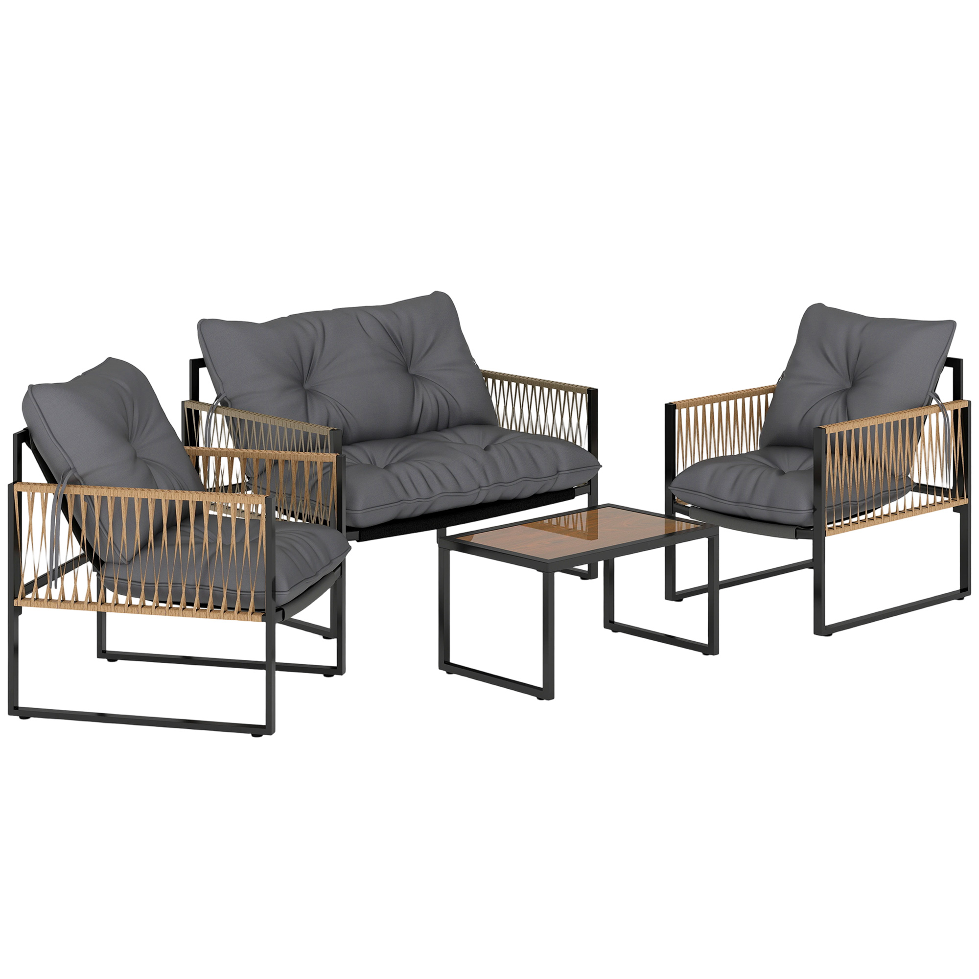 Outsunny 4 tlg Rattan Gartenmöbel Set mit Kissen, Gartensitzgruppe, 1 Couchtisch aus Glas, 2 Sessel, 1 Doppelsofa, elegante Sitzgarnitur Aosom.de