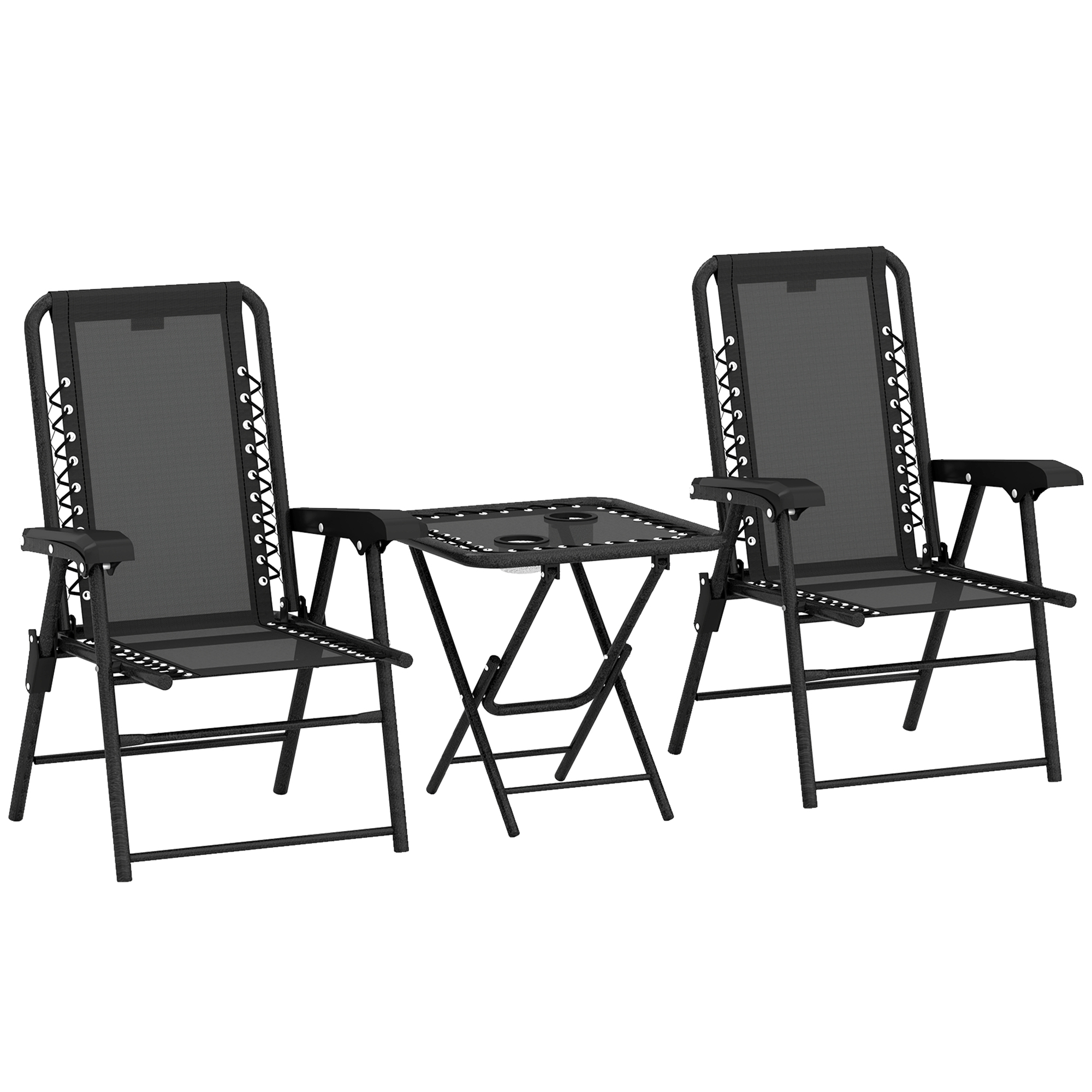 Outsunny Bistro Set 3-teilig aus Stahl Wetterfest Gartenmöbel Set mit klappbar Bistrotisch Becherhalter Gartenstühlen Outdoor Balkonmöbel Set Sitzgruppe Balkonset Gartengarnitur Schwarz Aosom