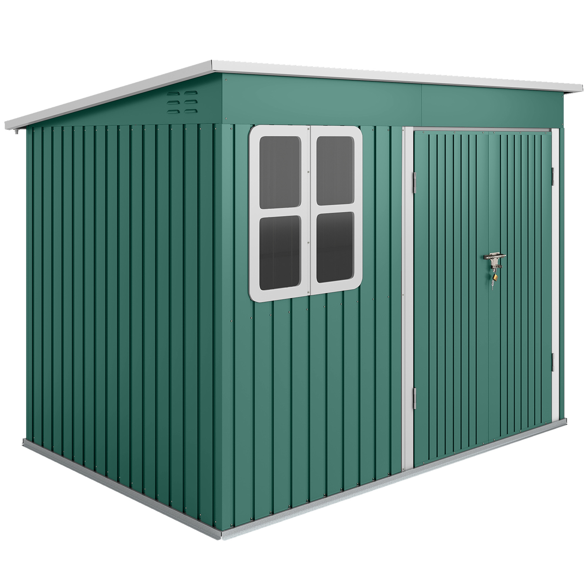 Outsunny Metall Gerätehaus 4,13 m² Geräteschuppen mit Fenster Pultdach Abschließbarer Breiter Tür Bodenrahmen 260 x 177 x 190 cm wetterfest Gartenhaus Outdoor Garten Schuppen für Außenbereich Grün Aosom