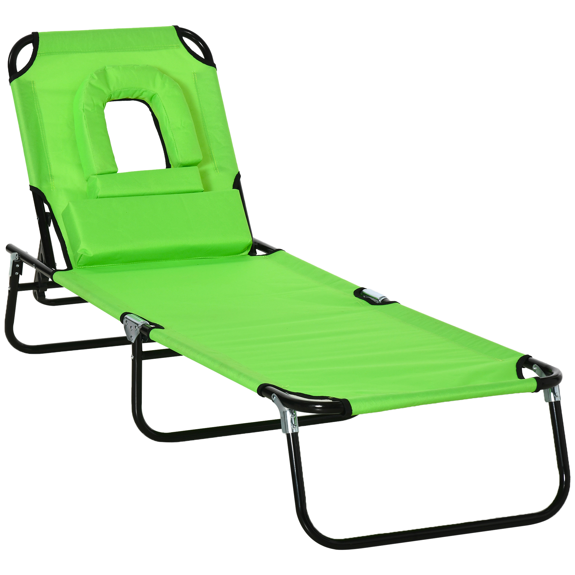 Outsunny Sonnenliege klappbar Gartenliege mit Gesichtsloch, Kopfkissen, Liegestuhl mit 4-Fach verstellbare Rückenlehne, wetterfeste Campingliege bis 120 kg belastbar, für Garten Strand Pool Grün Aosom
