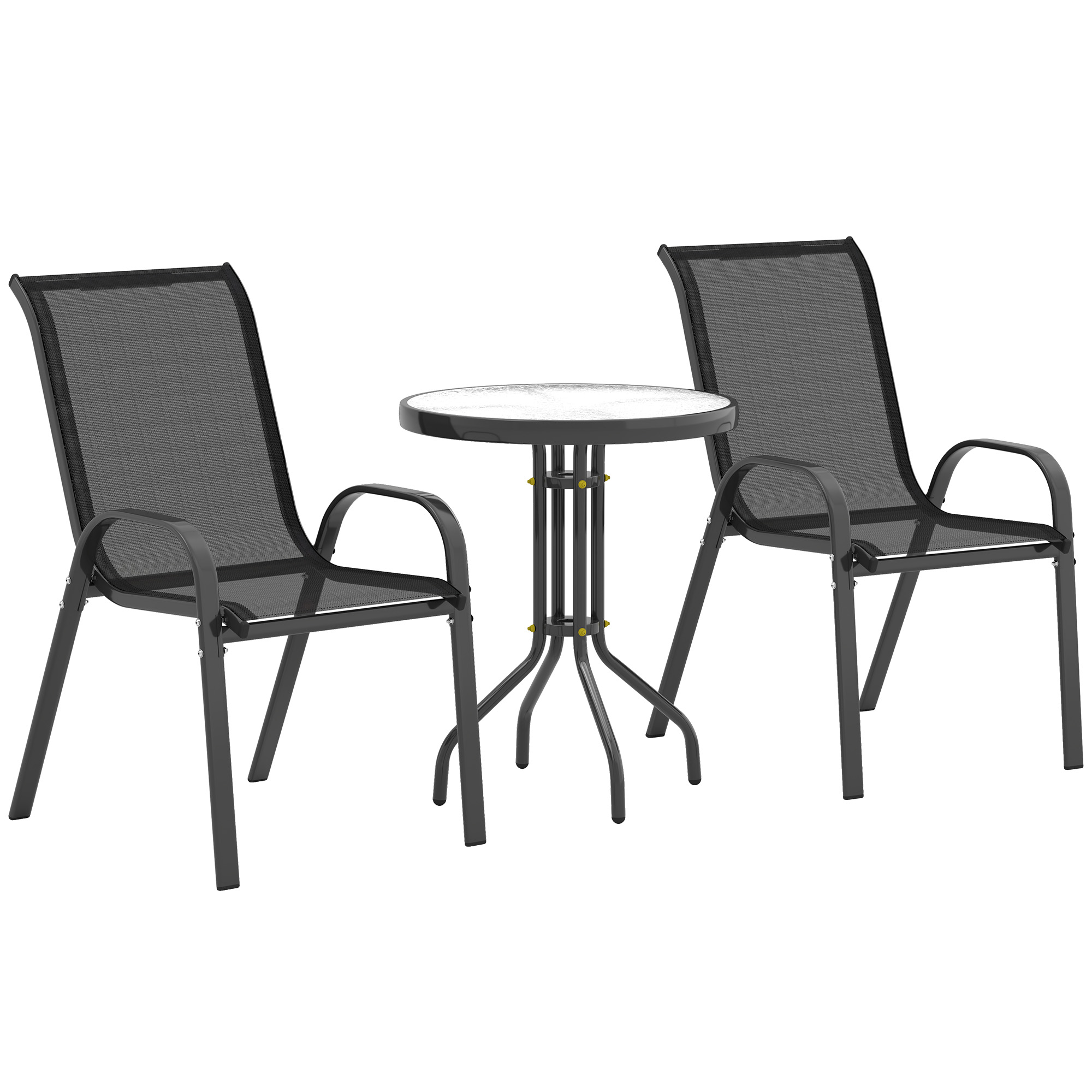Outsunny Bistro-Set 3-teilig Wetterfest Gartenmöbel Set mit Glastisch Stapelbare Gartenstühlen Outdoor Balkonmöbel Set Sitzgruppe Balkonset Gartengarnitur Schwarz Aosom