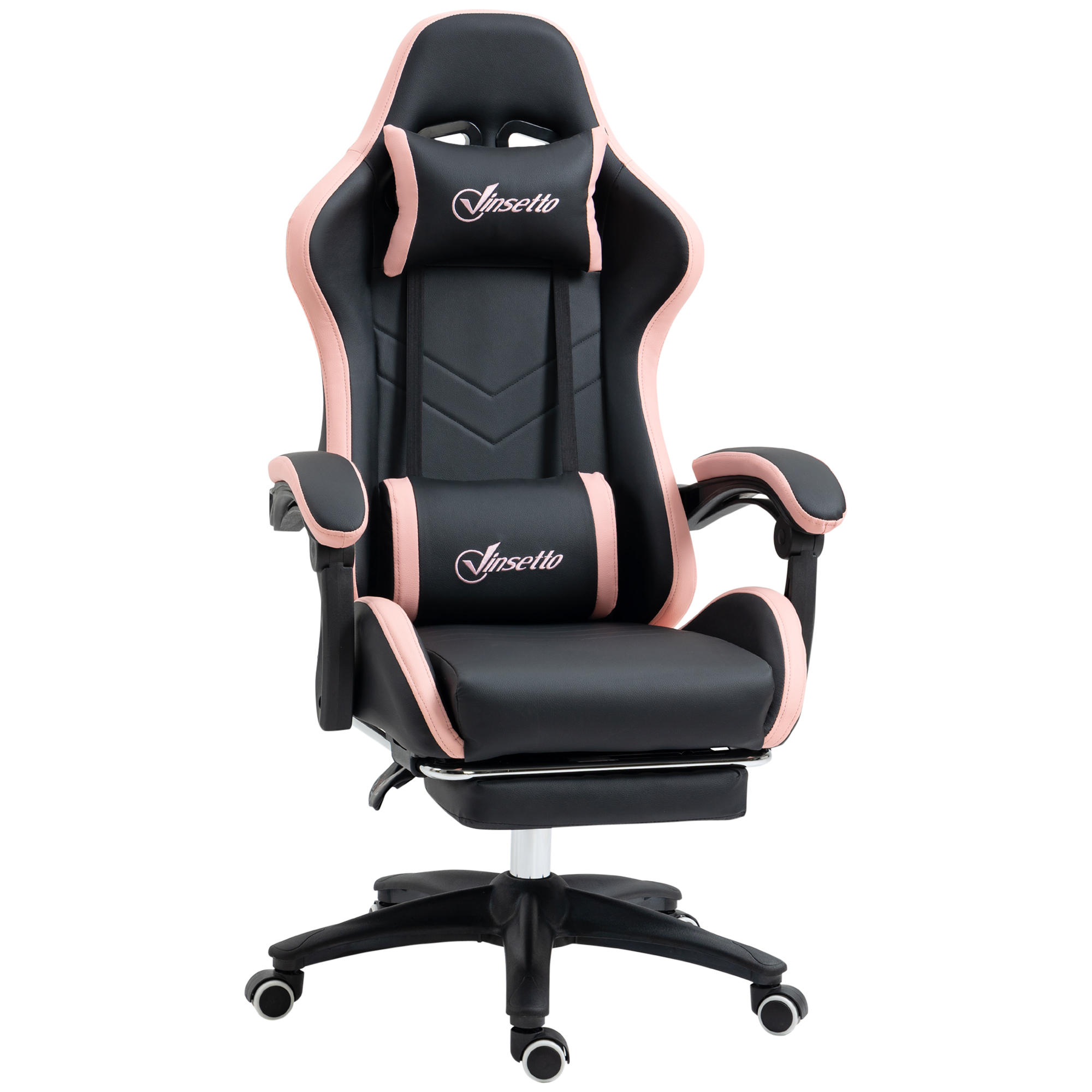 Vinsetto Gaming Stuhl Bürostuhl Computerstuhl mit Lendenkissen, Kopfstütze, Gaming Sessel, höhenverstellbarer Schreibtischstuhl mit Fußstütze, Kunstleder, Schwarz+Rosa Aosom