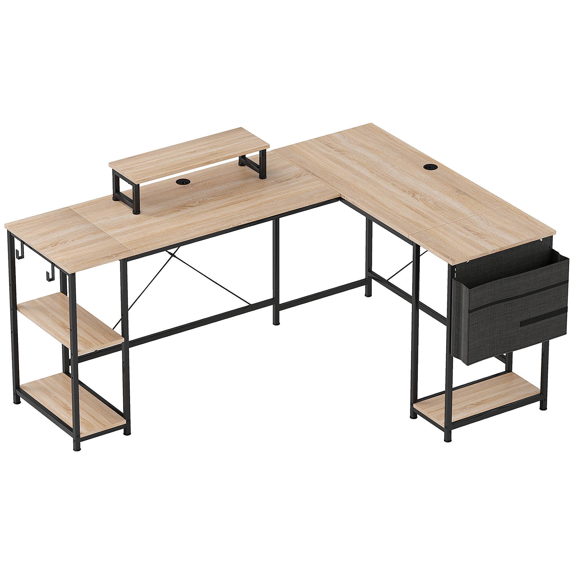 HOMCOM L-vormig bureau, veelzijdige kantoortafel met verstelbare planken en opbergtas, monitorstandaard, natuurlijk hout