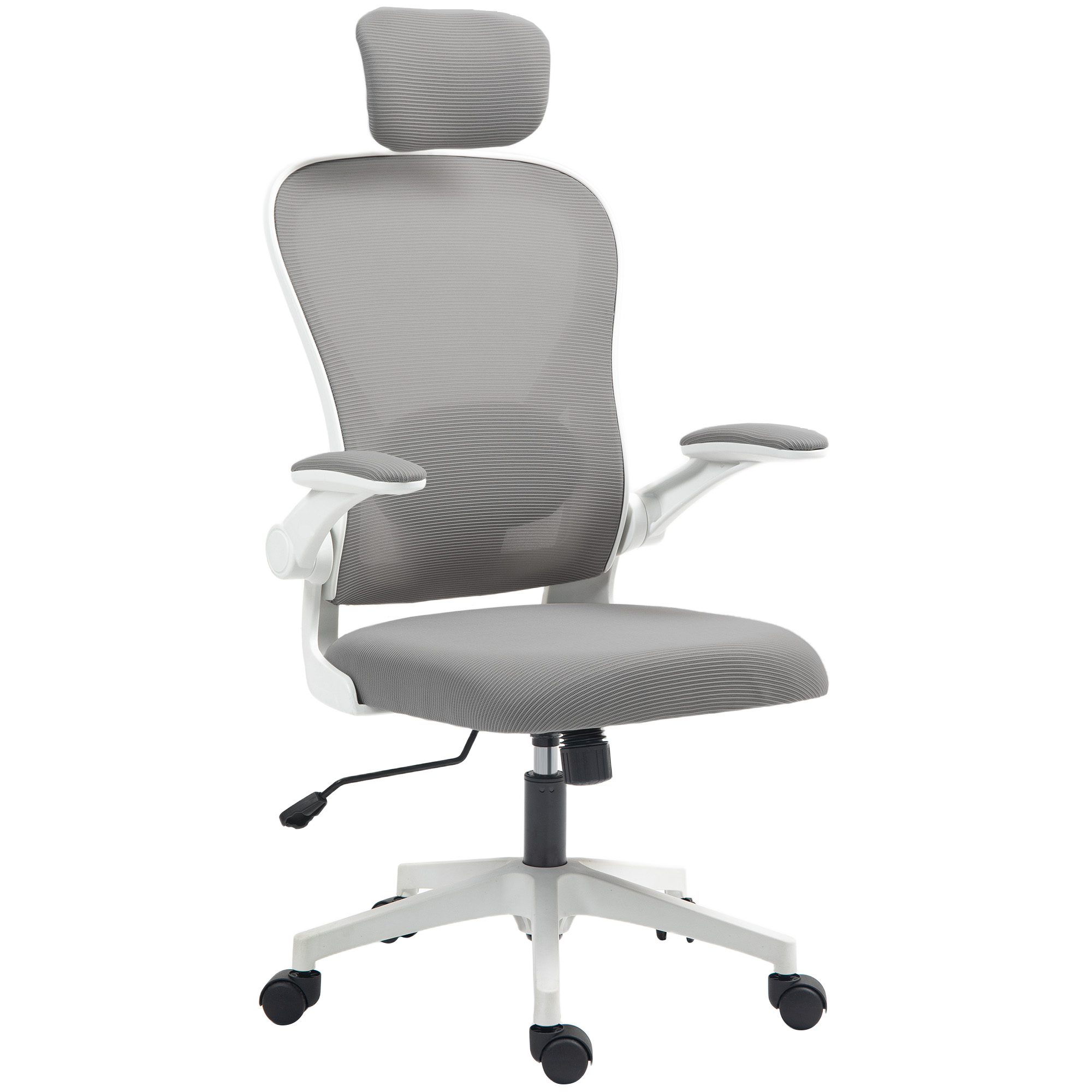 HOMCOM Bürostuhl Ergonomischer Schreibtischstuhl mit Hochklappbaren Armlehnen, Verstellbarer Lendenwirbelstütze, Kopfteil, Höhenverstellbarer Drehstuhl mit Wippfunktion, Netzbespannung Grau Aosom