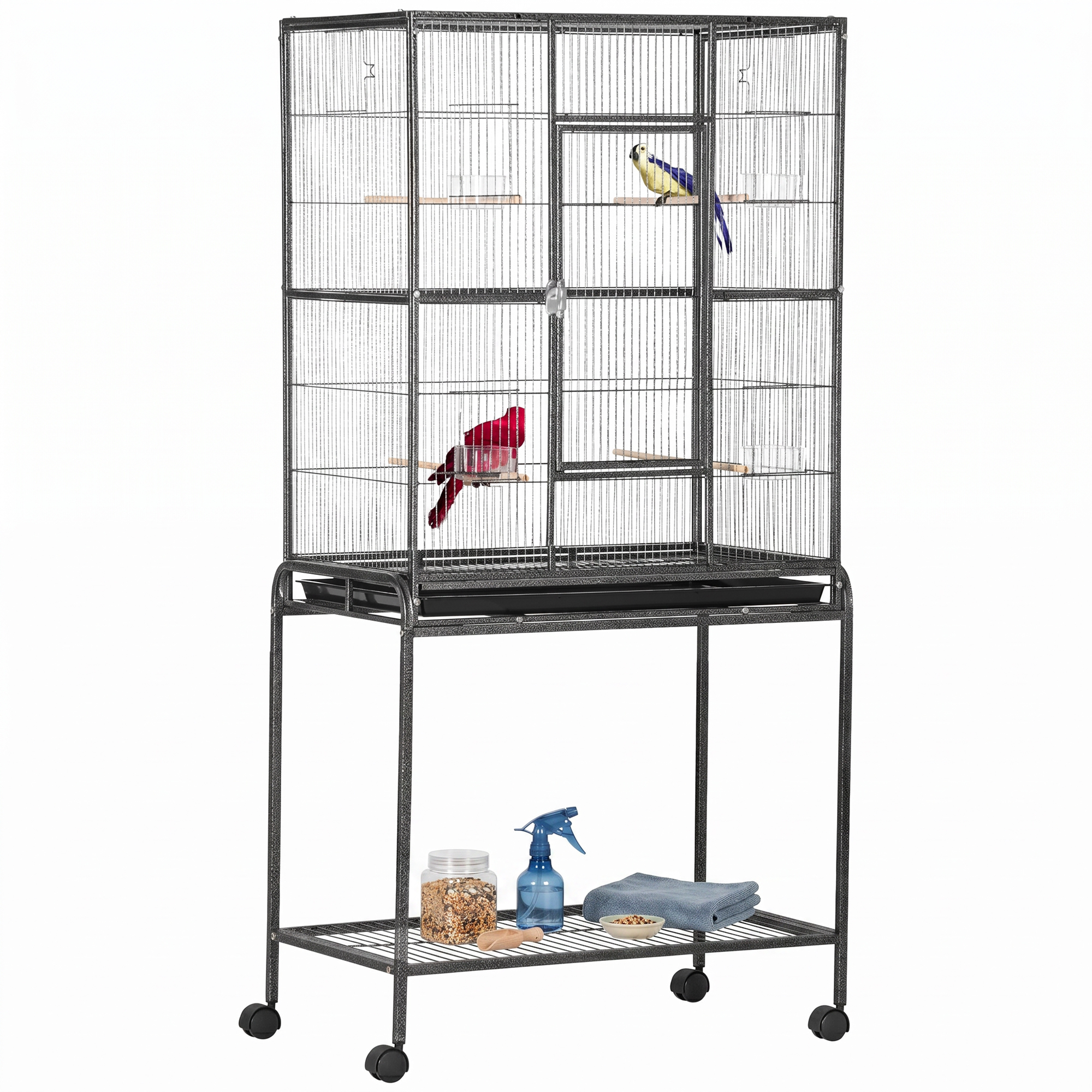 PawHut Cage à Oiseaux Portable avec 4 Mangeoires et 4 Perchoirs Pratique 81 x 48 x 163 cm Noir et Gris
