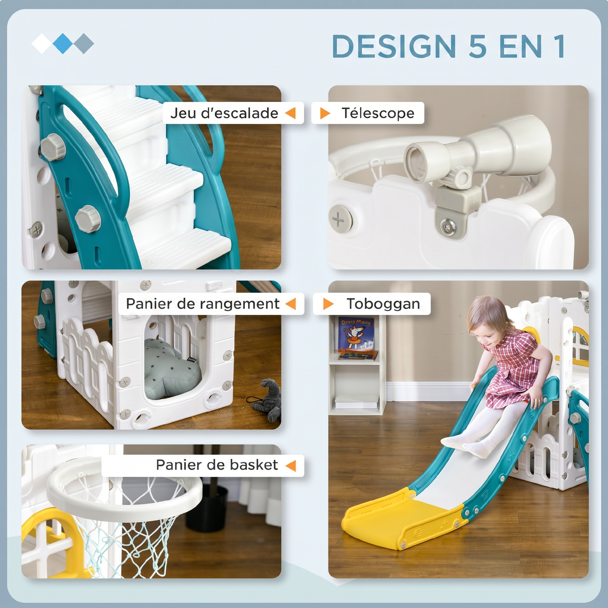 AIYAPLAY Toboggan 4 En 1 Pour Enfants 1-3 Ans – Avec Panier De Basket, Escalade, Télescope Et Rangement – Blanc Et Vert