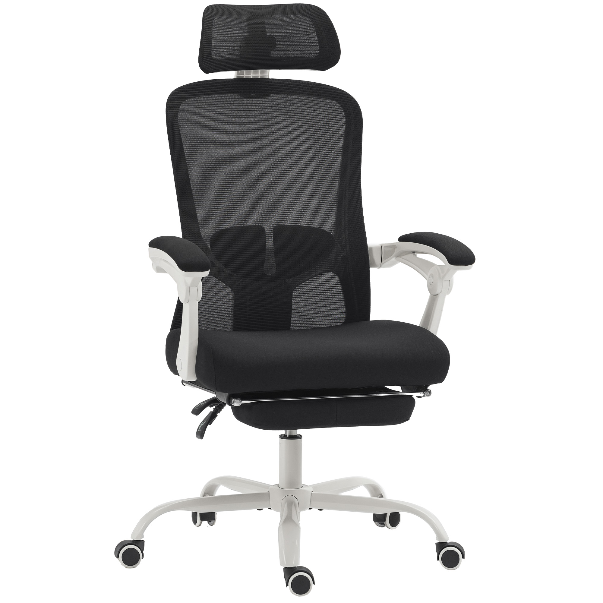 HOMCOM Ergonomischer Bürostuhl, bis 135° neigbar mit Fußstütze, drehbarer Schreibtischstuhl mit 2D-Lendenstütze, 2D-Kopfstütze, höhenverstellbar, Netz, Schwarz Aosom