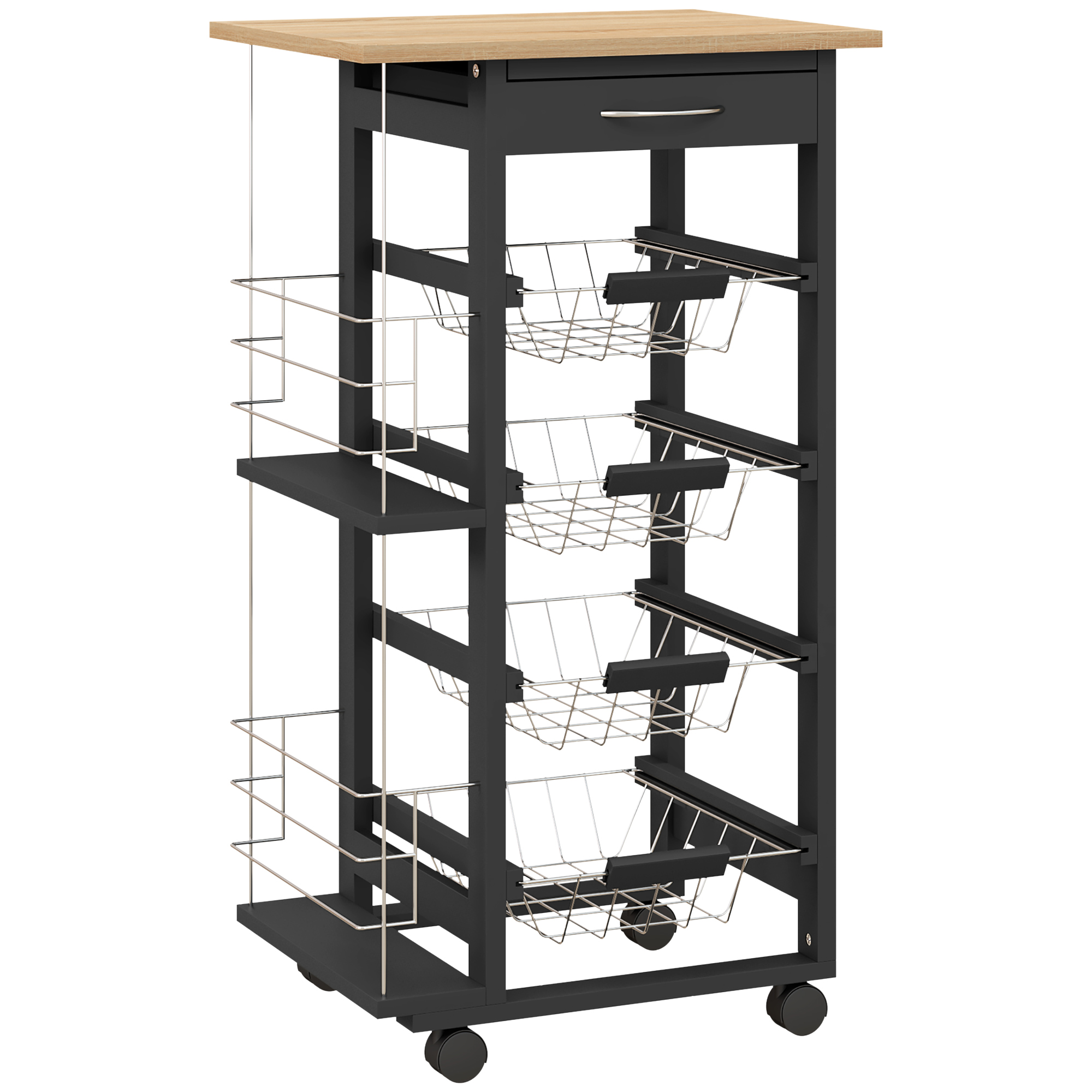 HOMCOM Carrito de Cocina con Ruedas Carrito Multiusos con Cajón 4 Cestas Extraíbles de Metal y Bastidores 47x37x83 cm Negro | Aosom España