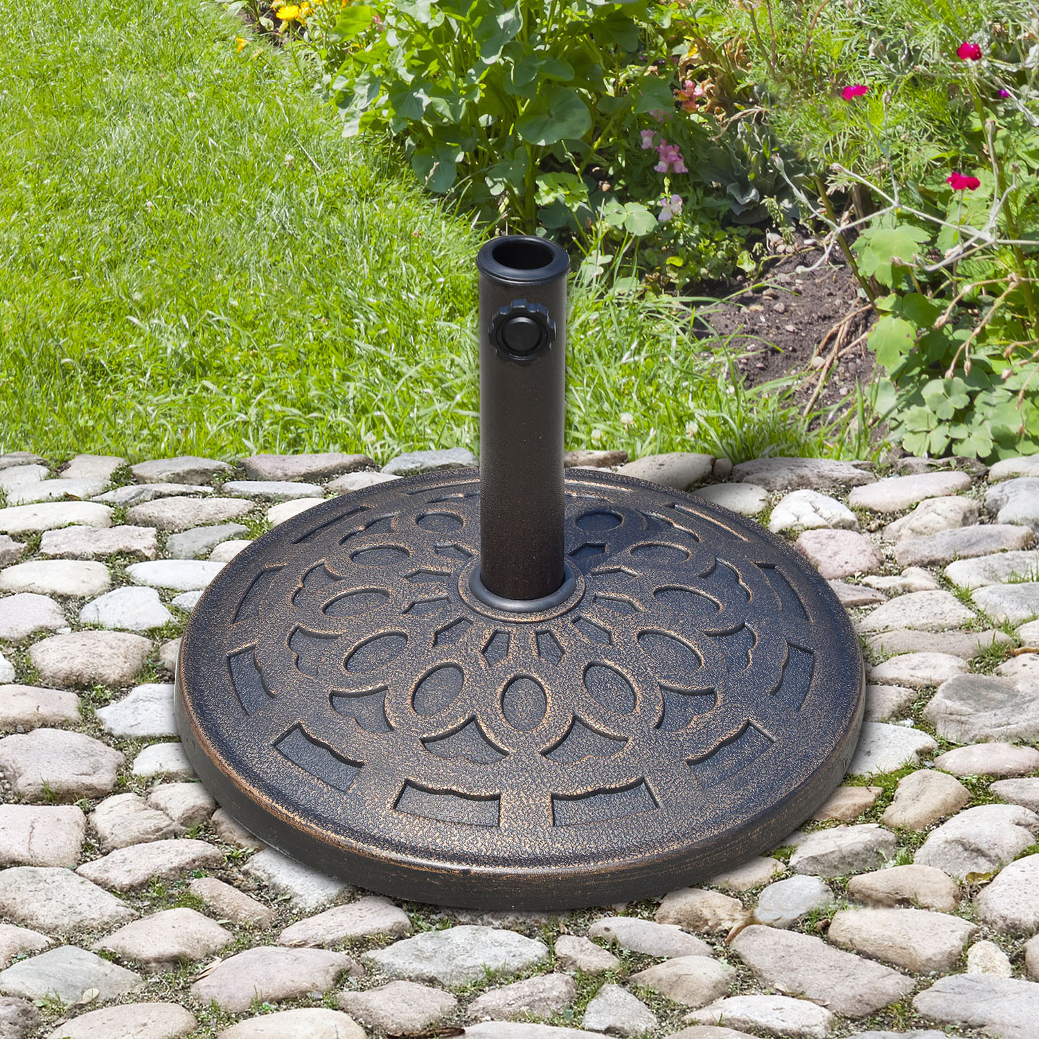 Outsunny Schirmständer Sonnenschirmfuß rund 14kg aus Harz in Bronze für Ø38/48mm Schirme Ø48,5xH34cm stabil & wetterfest   Aosom.de