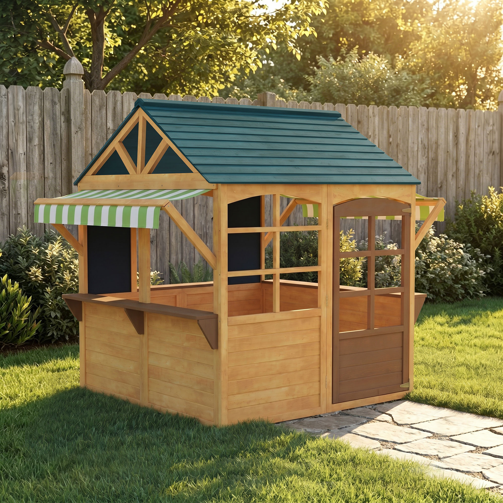Cabane enfant extérieur - AIYAPLAY - porte, fenêtres, 3 bacs à fleurs - bois - 125,5 x 119 x 126 cm - jaune - Jeux - Jouets