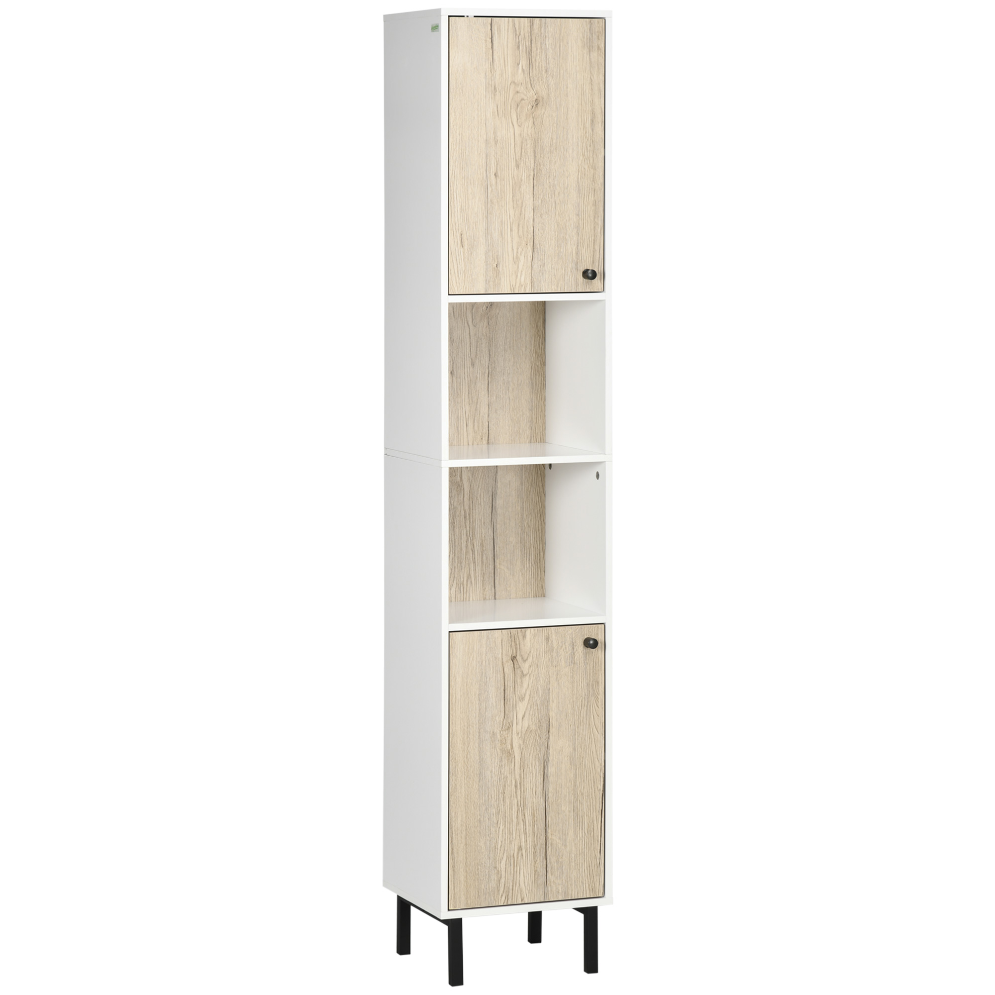 kleankin Columna de Baño Moderna con 6 Compartimentos Amplios para Ducha y Aseo Estilo Contemporáneo 31,5x30x169 cm Blanco y Roble | Aosom España