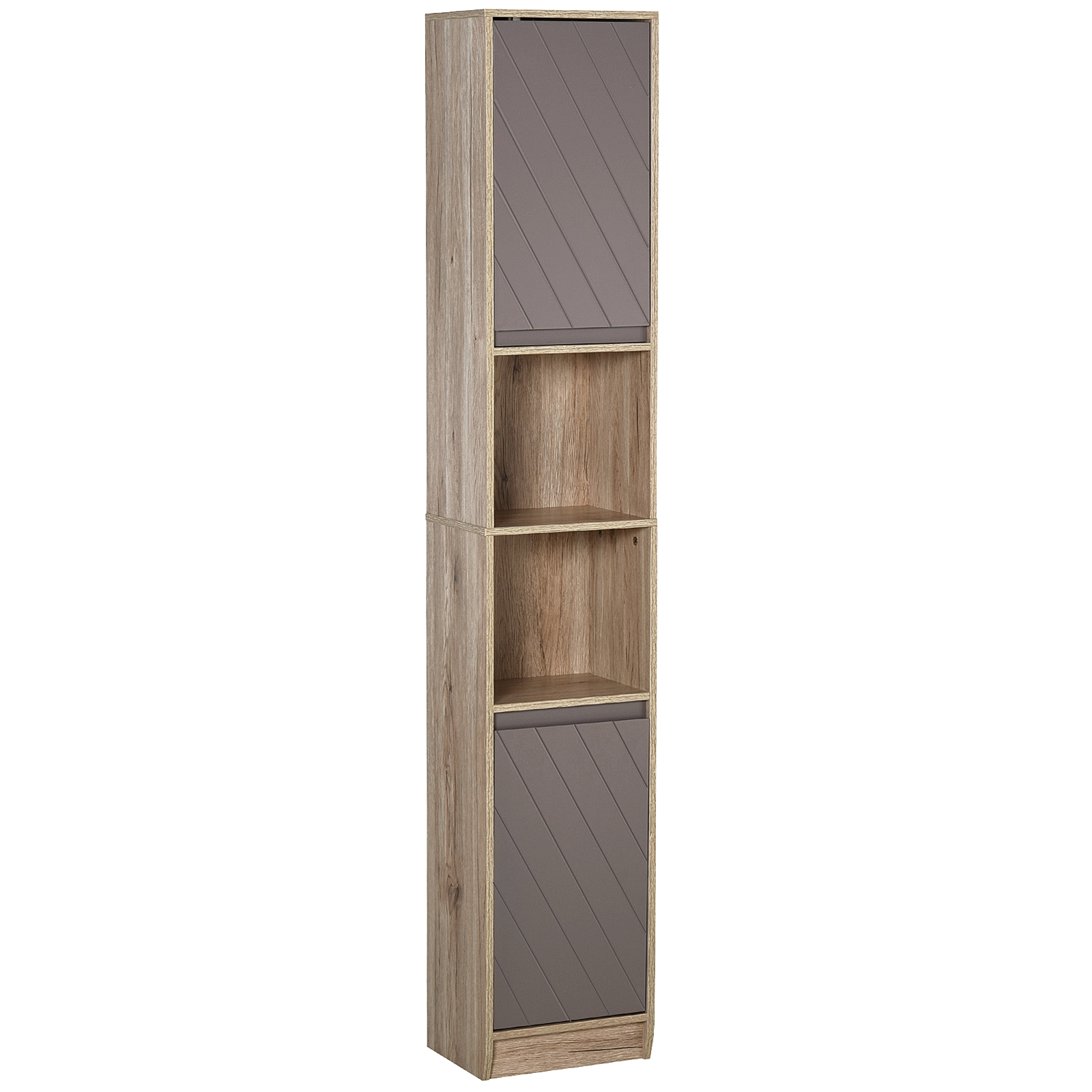 HOMCOM Columna de Baño con 2 Puertas y 2 Estantes Abiertos Armario Alto para Baño de Almacenaje 30x24x170 cm Roble y Gris | Aosom España