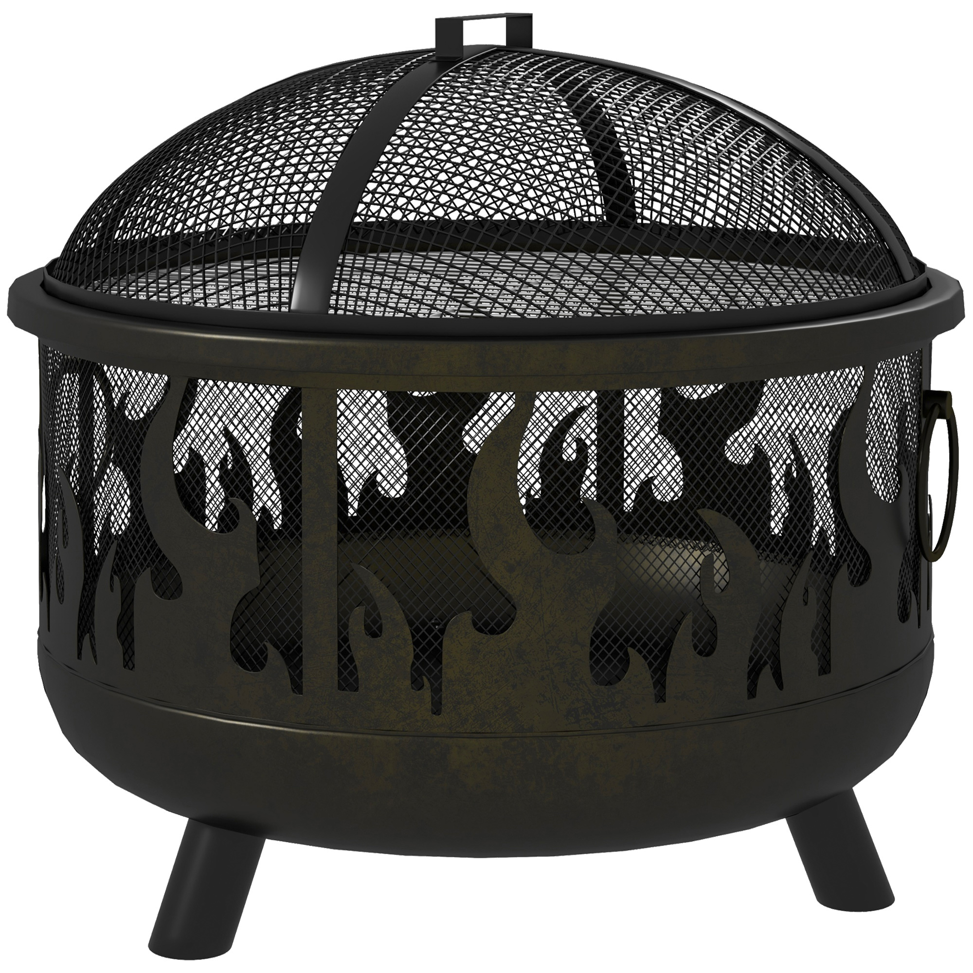 Outsunny Feuerschale Ø61 x 55cm aus Metall Feuerstelle mit Funkenschutz Schürhaken Grillrost Feuerschalen für Garten, Balkon Terrasse, BBQ Camping Schwarz Aosom