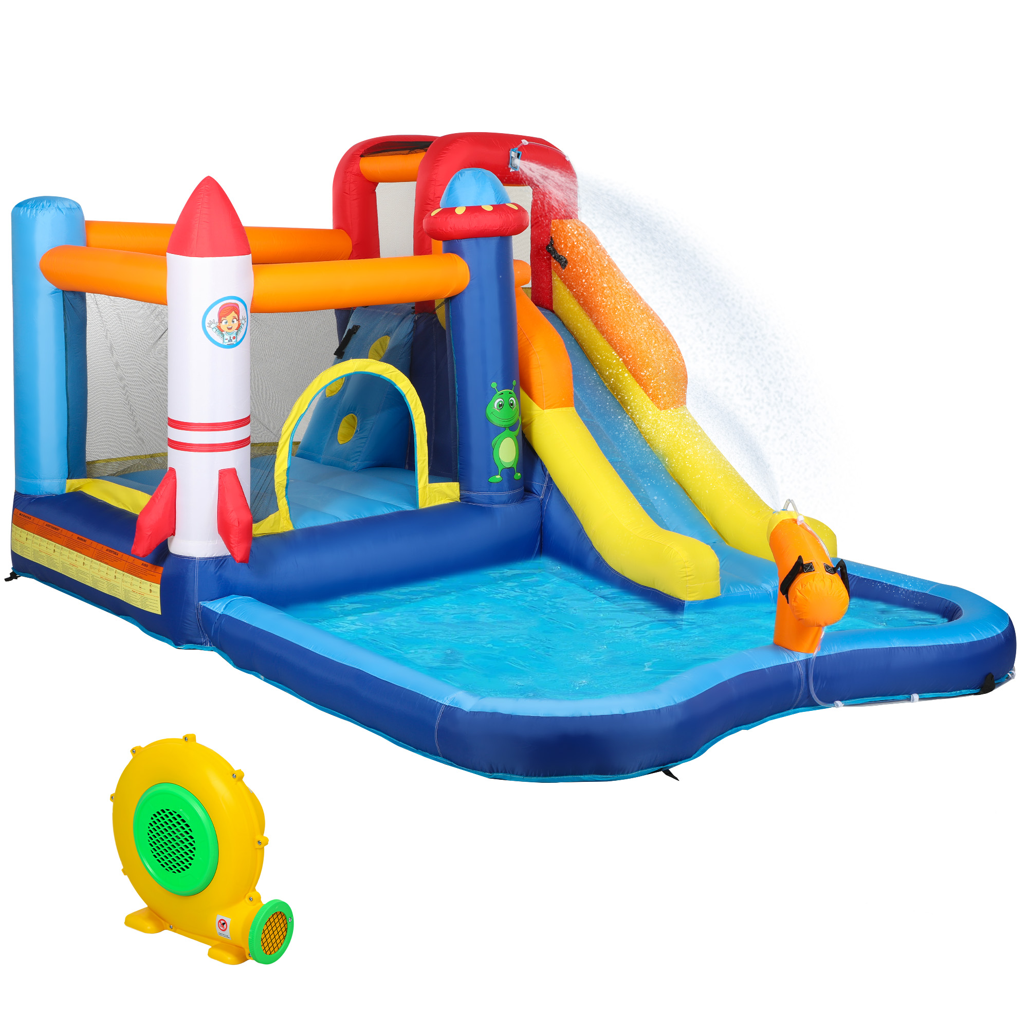 AIYAPLAY Springkasteel 5-in-1 met Waterglijbaan Plonsbad Waterspuit Opblaasbaar Speelhuis voor Kinderen 360 x 250 x 195 cm Kleurrijk | Aosom.nl