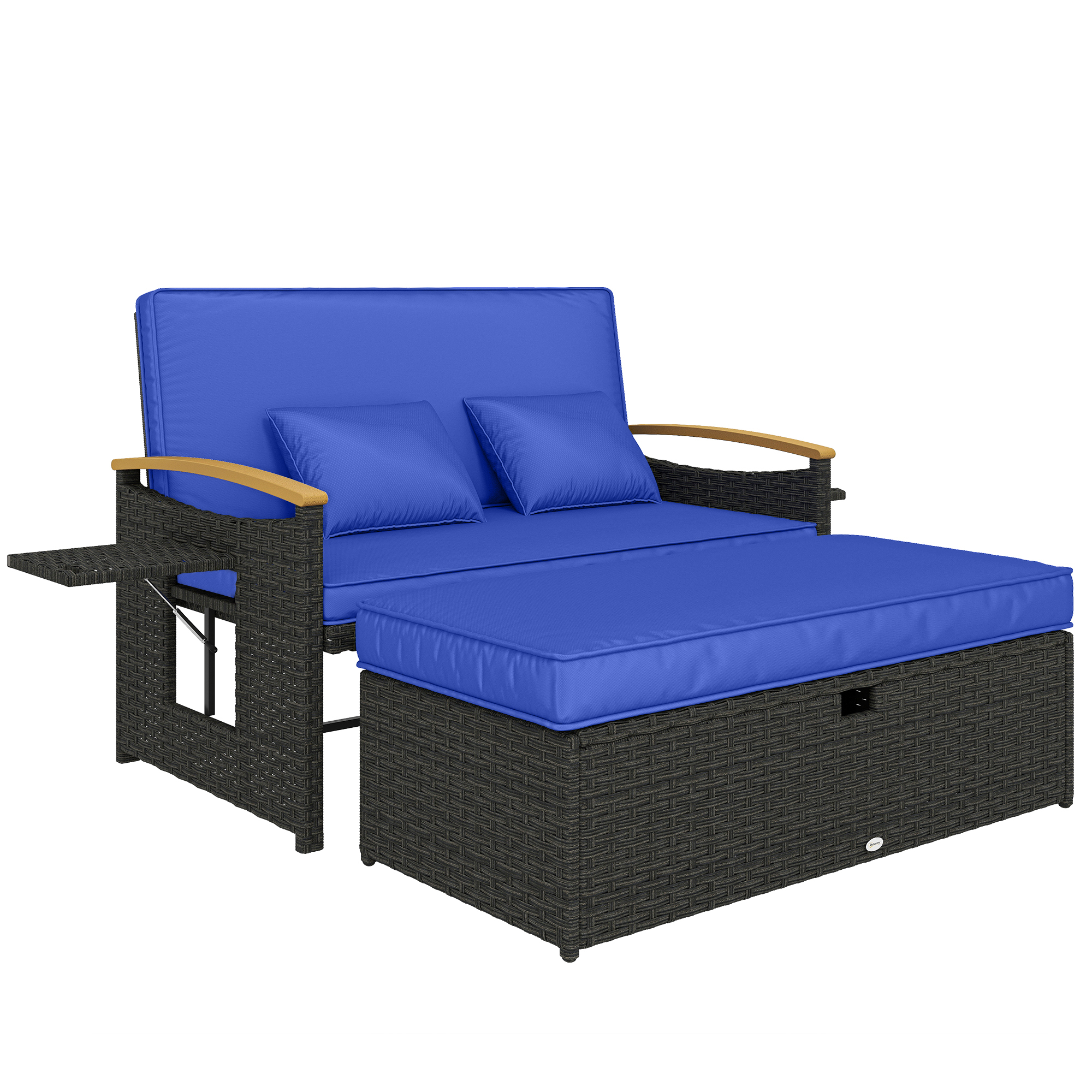 Outsunny Brown Double Garden Rattan Daybed, Wicker Sun Bed Chaise Lounger With Storage Ottoman, 4-Level Adjustable Backrest,