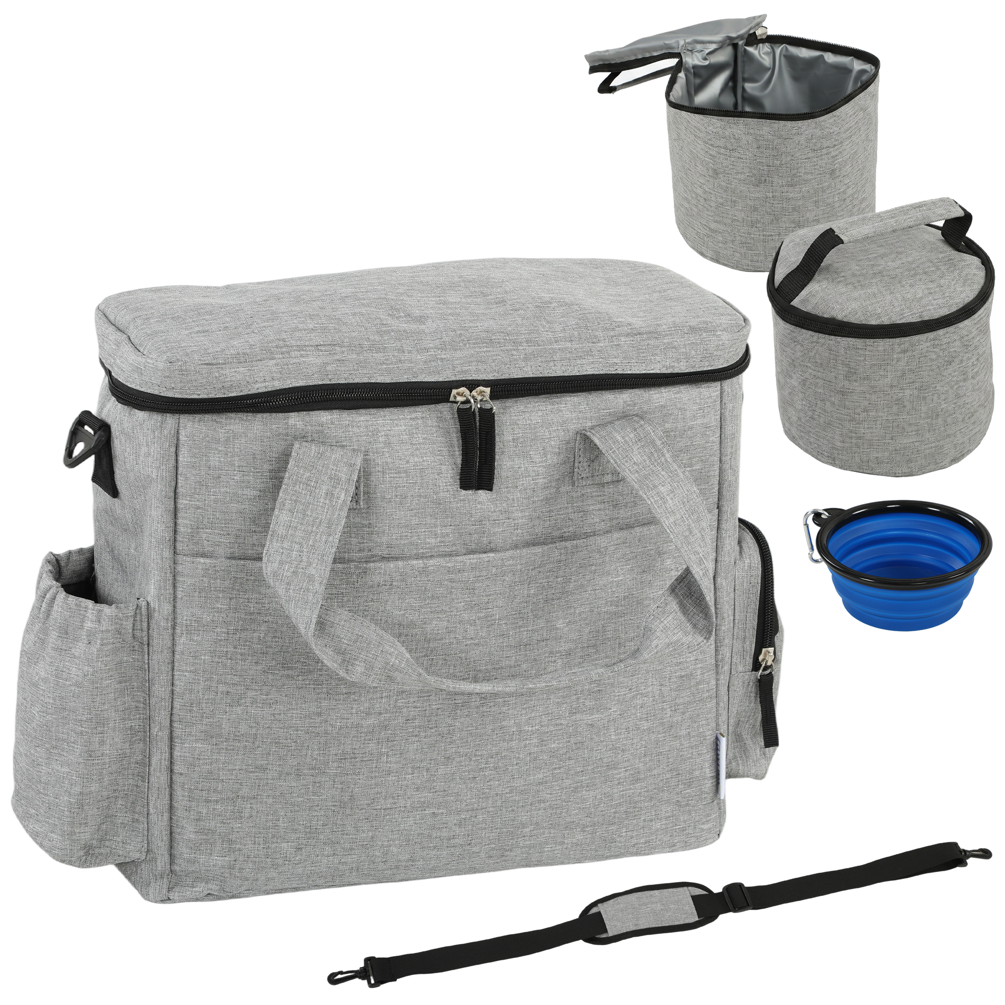 PawHut Hondentransportbox met meerdere vakken, 2 voerbakken en opvouwbare siliconen kom, 38x17x35 cm, lichtgrijs