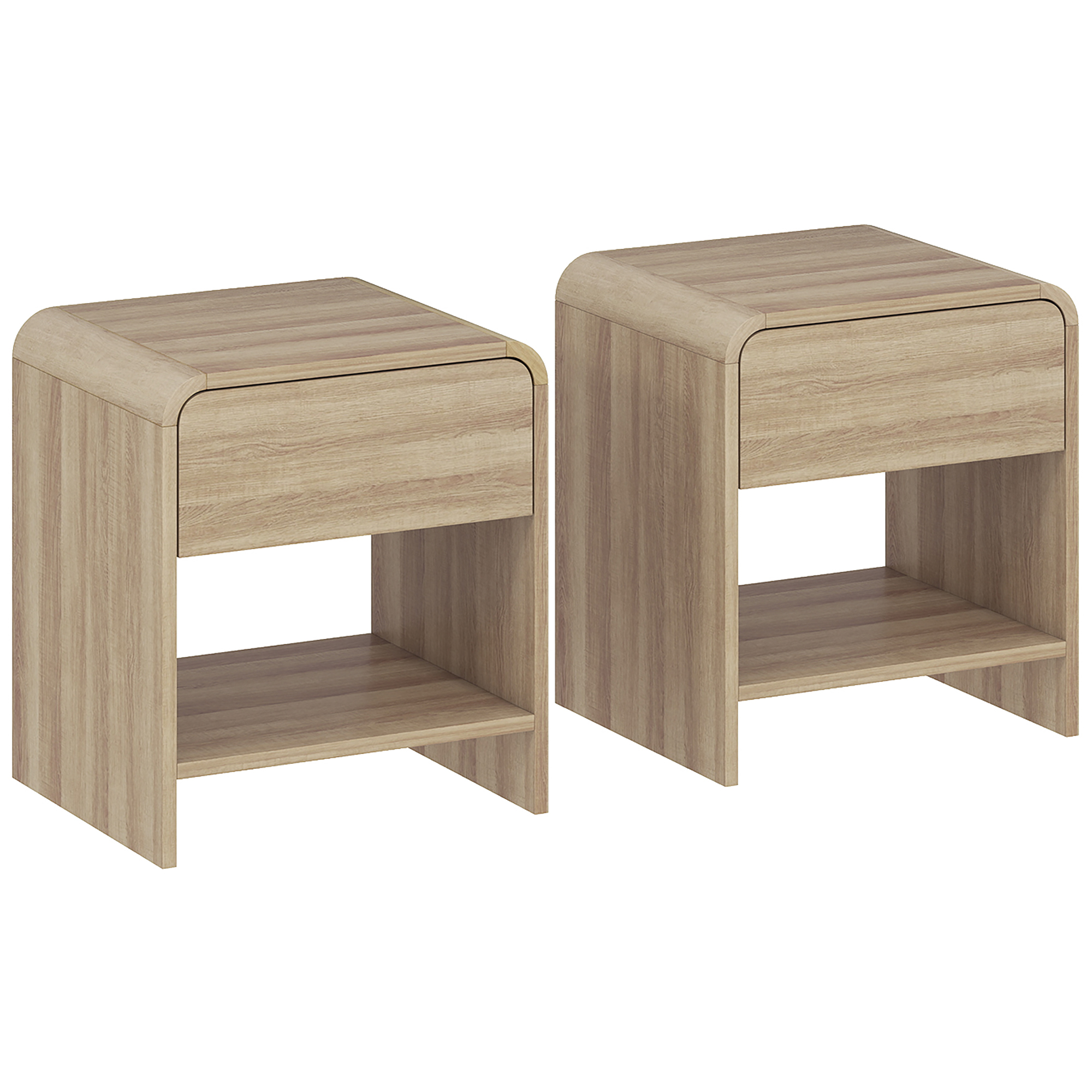 HOMCOM Bedside Tables Set of 2, Nightstands with Rounded Corners, Modern Side Table with Silent Drawer for Bedroom, Natural