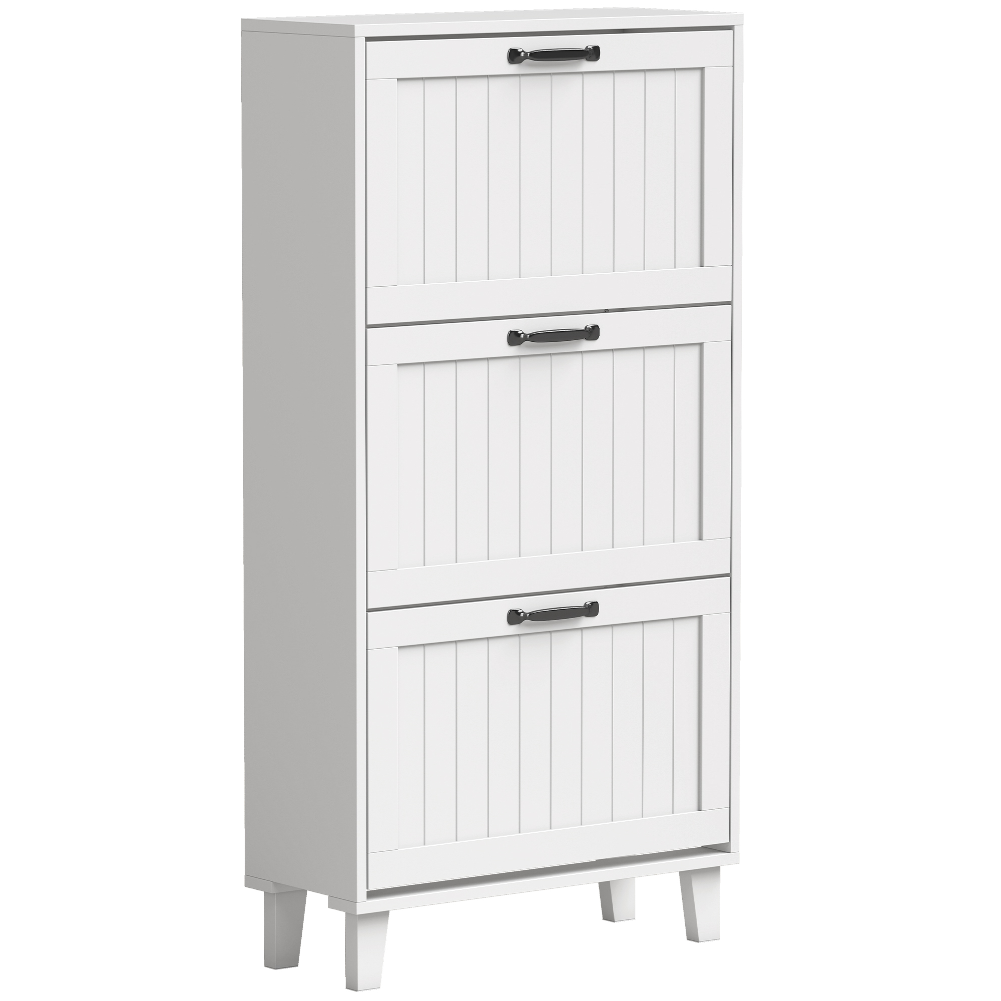 HOMCOM Platzsparender Slim-Schuhschrank mit 3 Klappfächern, Schuhschrank für Flur mit verstellbaren Einlegeböden, Bambusfüßen, Griff, für 15-18 Paar, 60x24x118 cm, Weiß Aosom