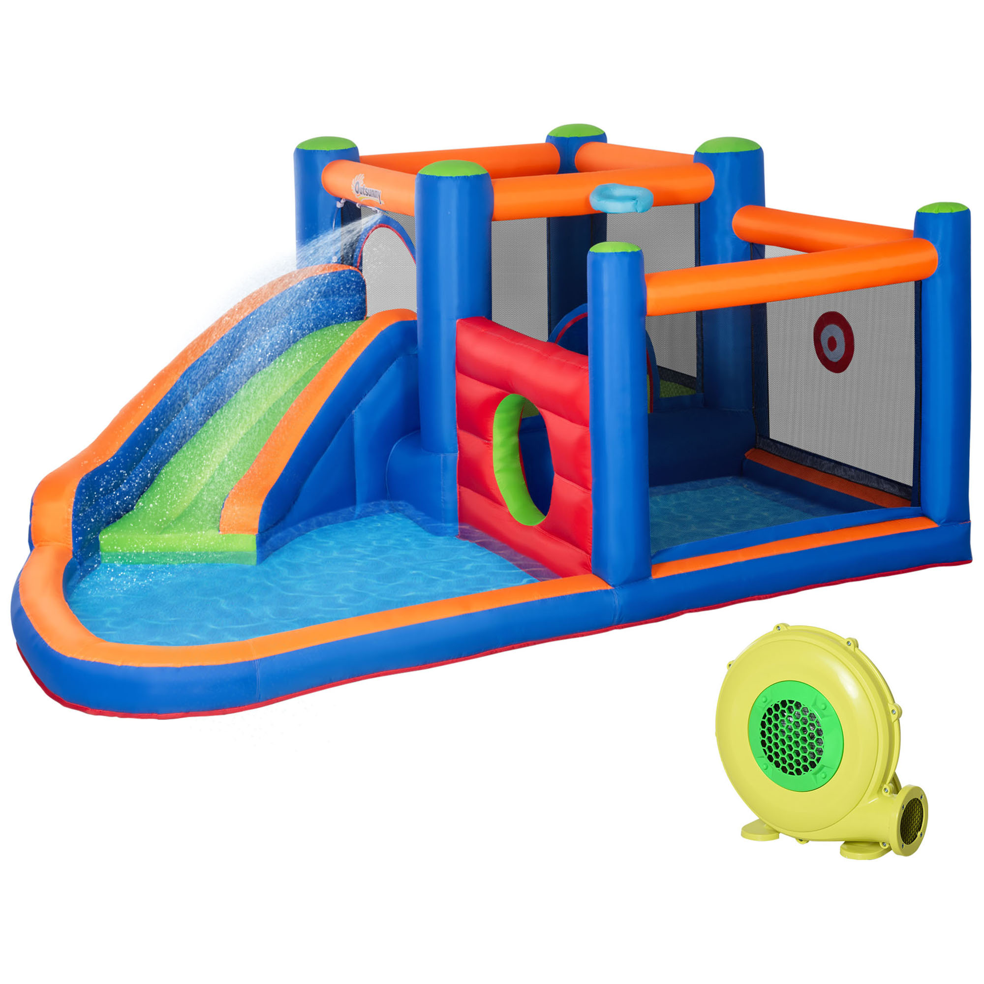 Outsunny springkasteel, opblaasbaar met zwembad, inclusief elektrische pomp, voor 3 kinderen, veilig en duurzaam, 380 x 340 x 170 cm | Aosom.nl
